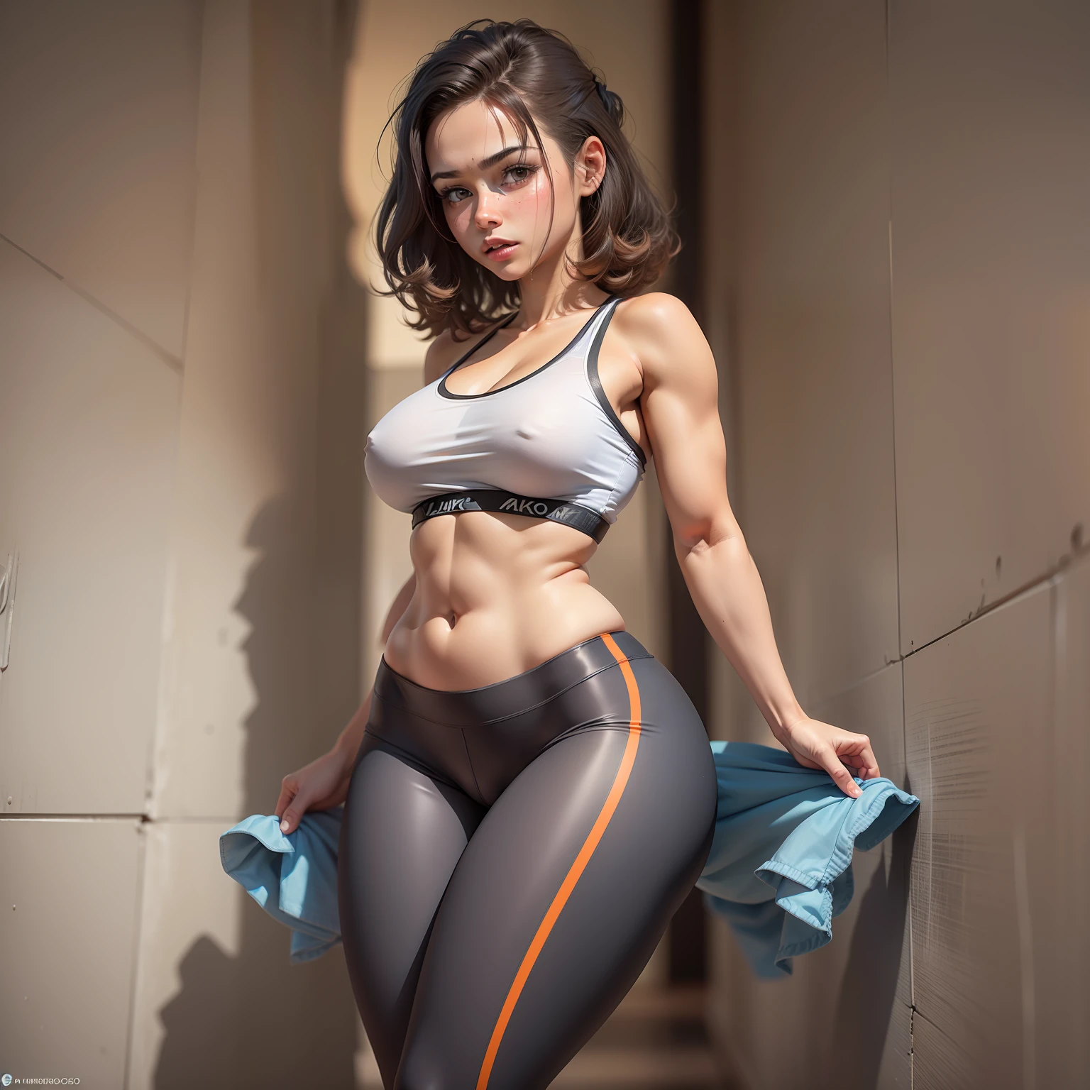 1 menina, cabelo loiro, mulher loira, olhos azuis, Nike orange legging pants, bunda grande, peitos grandes, fundo dentro do quarto sozinha, Realistic detailed HD, 3d, sexy, corpo perfeito, bico do peito, em cima da cama, corpo inteiro, pouca roupa, peitos enormes, bico do peito, corpo inteiro de frente, pernas abertas.