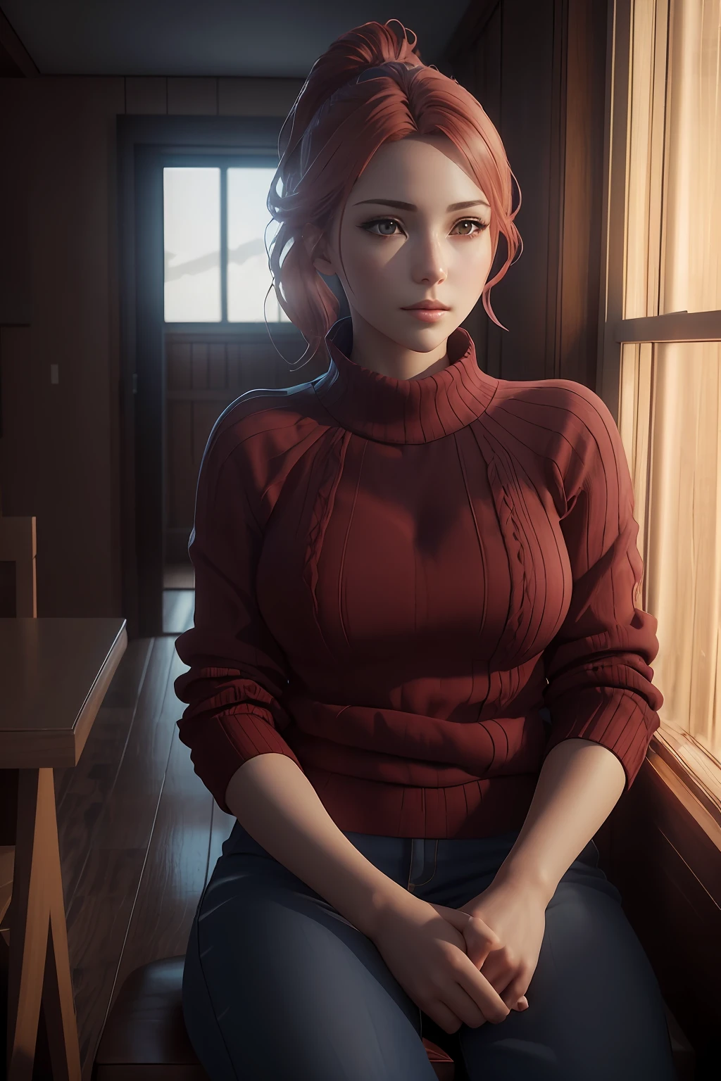 there is a woman sitting in a chair by a window, photorealistic anime girl render, realistic artstyle, 8k portrait render, cinematic realistic portrait, realistic anime 3 d style, realistic afternoon lighting, anime realism style, semi - realistic render, realistic art style, cinematic bust portrait, photorealistic artstyle, soft portrait shot 8 k, casual pose, a character portrait