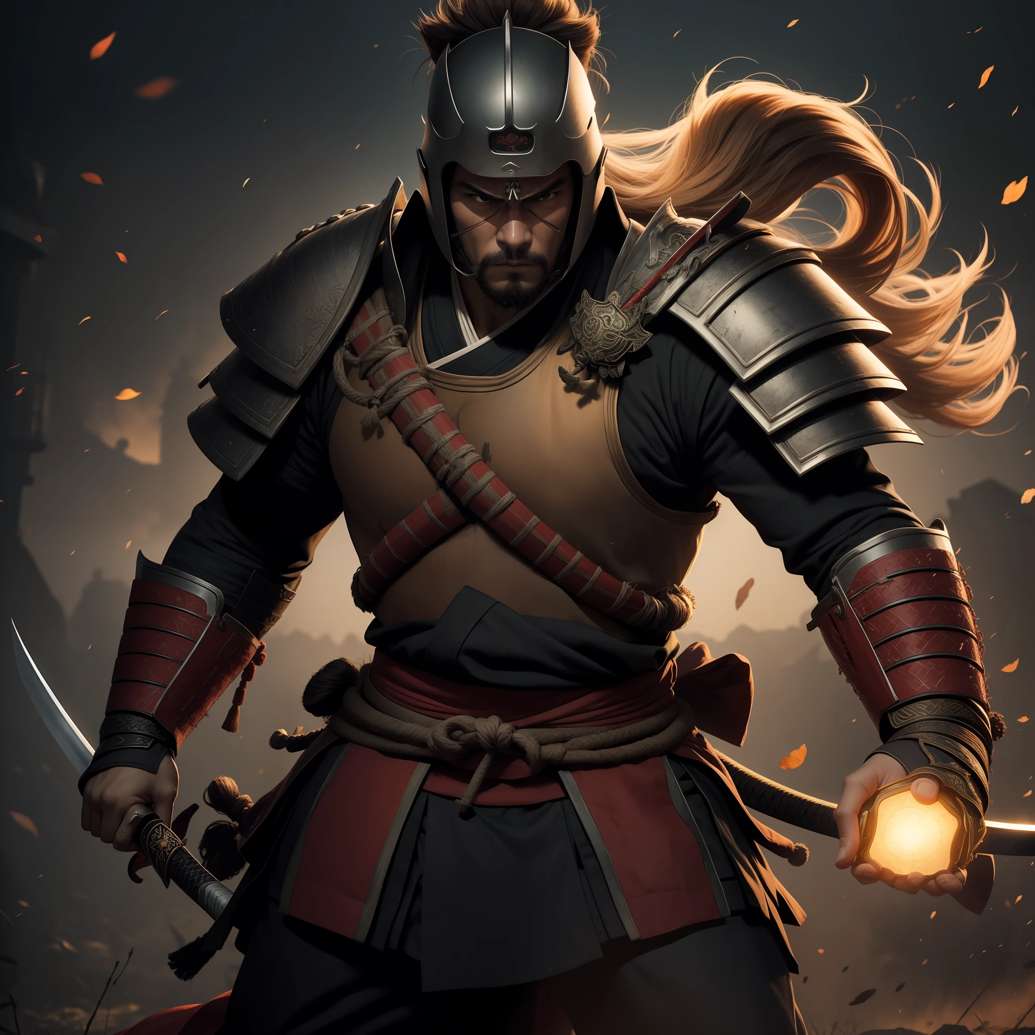 Claro! Here is a prompt for you to generate an image of a samurai in an imager application:

"Desenvolva uma imagem de um samurai em uma pose imponente, pronto para a batalha. Certifique-se de que o samurai esteja usando uma armadura tradicional, holding a katana with both hands. Pay attention to the details of the armor, like metal plates, protection for the face and traditional symbols. As cores podem incluir tons de preto, red and silver to create a dramatic contrast. Add a backdrop that suggests a Japanese battlefield, com cerejeiras em flor ao fundo. Choose lighting that highlights the samurai and creates an epic atmosphere."