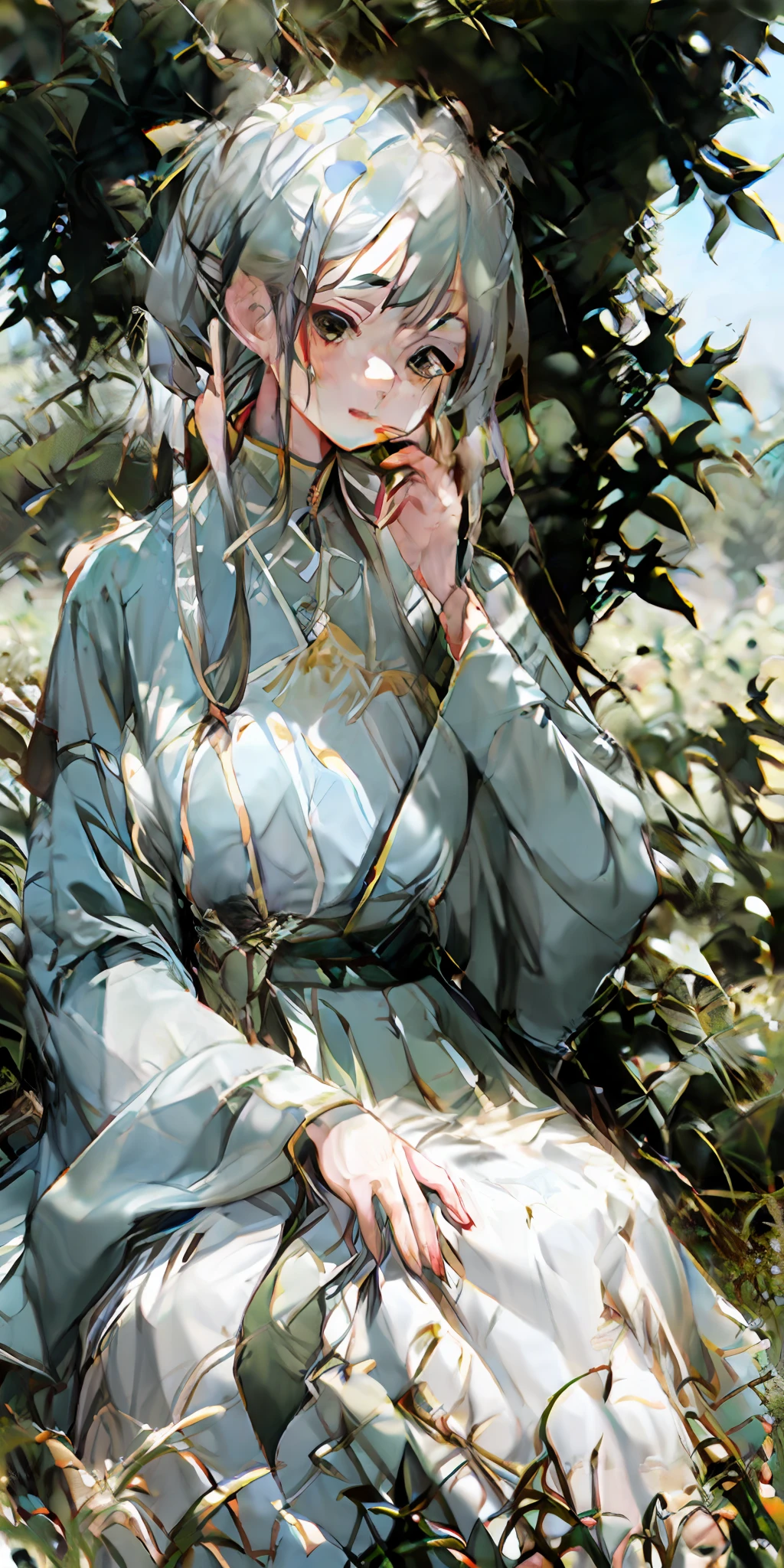 (Masterpiece, best quality), 1 long girl with white hair sitting in a field of greenery and flowers, her hands under her chin, warm light, nudity, blurred foreground
