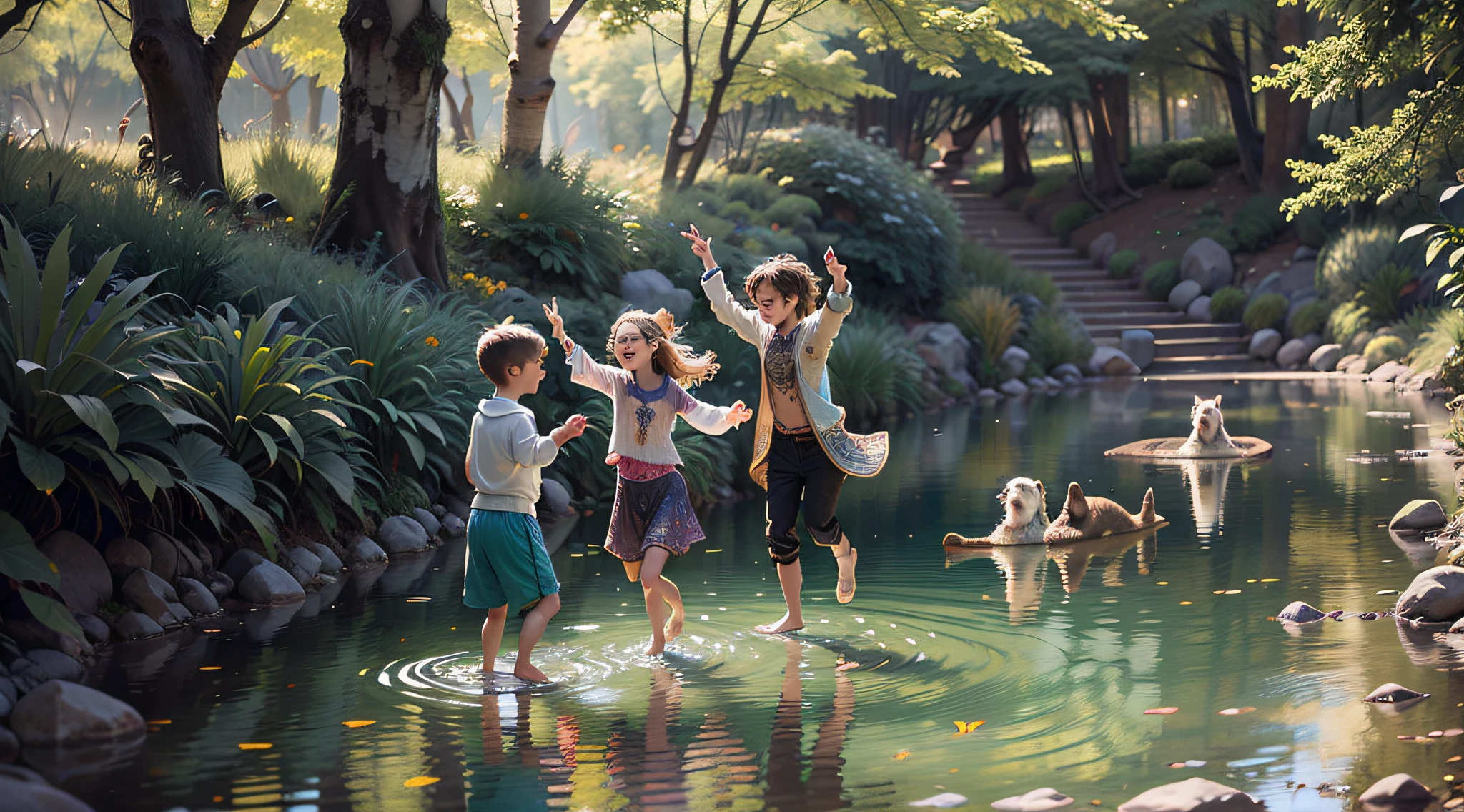 bohoai (a joyful scene of four kids Lily, Emma, Ethan, Max dancing) playing with (beautiful otters), near a sparkling brook,