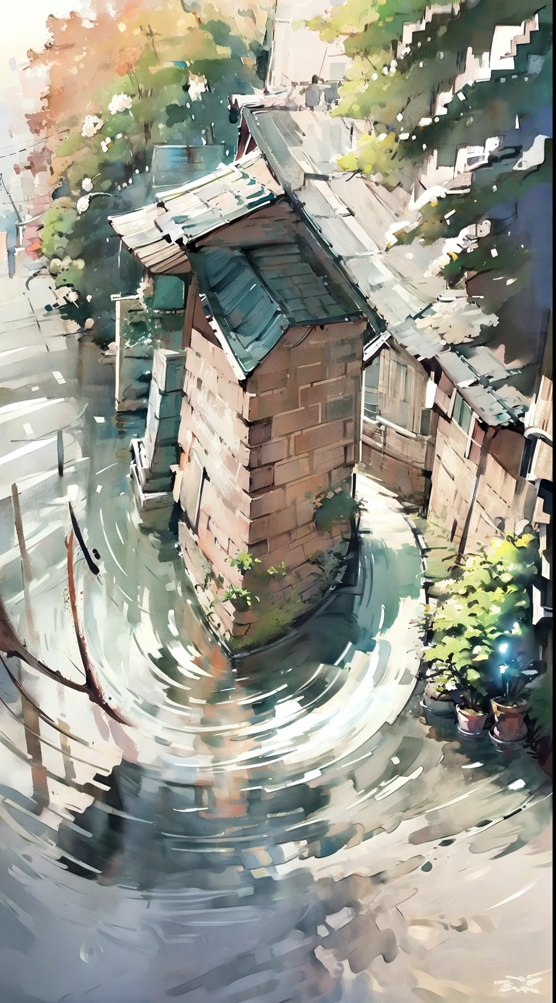 water colour,Ink,Chinese rural residential path,80s red brick residential building,standing water,water bloom,the street,Rainy sky,masterpaintings,16K resolution,ultra fine,high qulity,