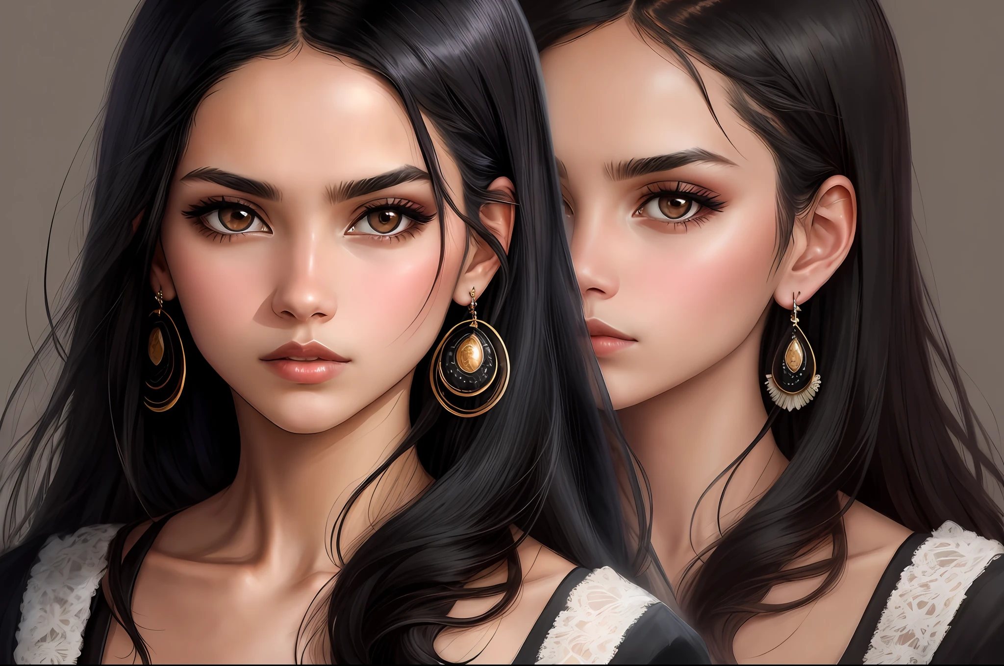 araffe woman with long black hair and earrings looking away, girl with black hair, indian girl with brown skin, 60mm portrait, serious focussed look, 7 0 mm portrait, close - up portrait shot, closeup portrait shot, photo of young woman, photo of a beautiful woman, close up portrait photo, woman with black hair, photo of a woman