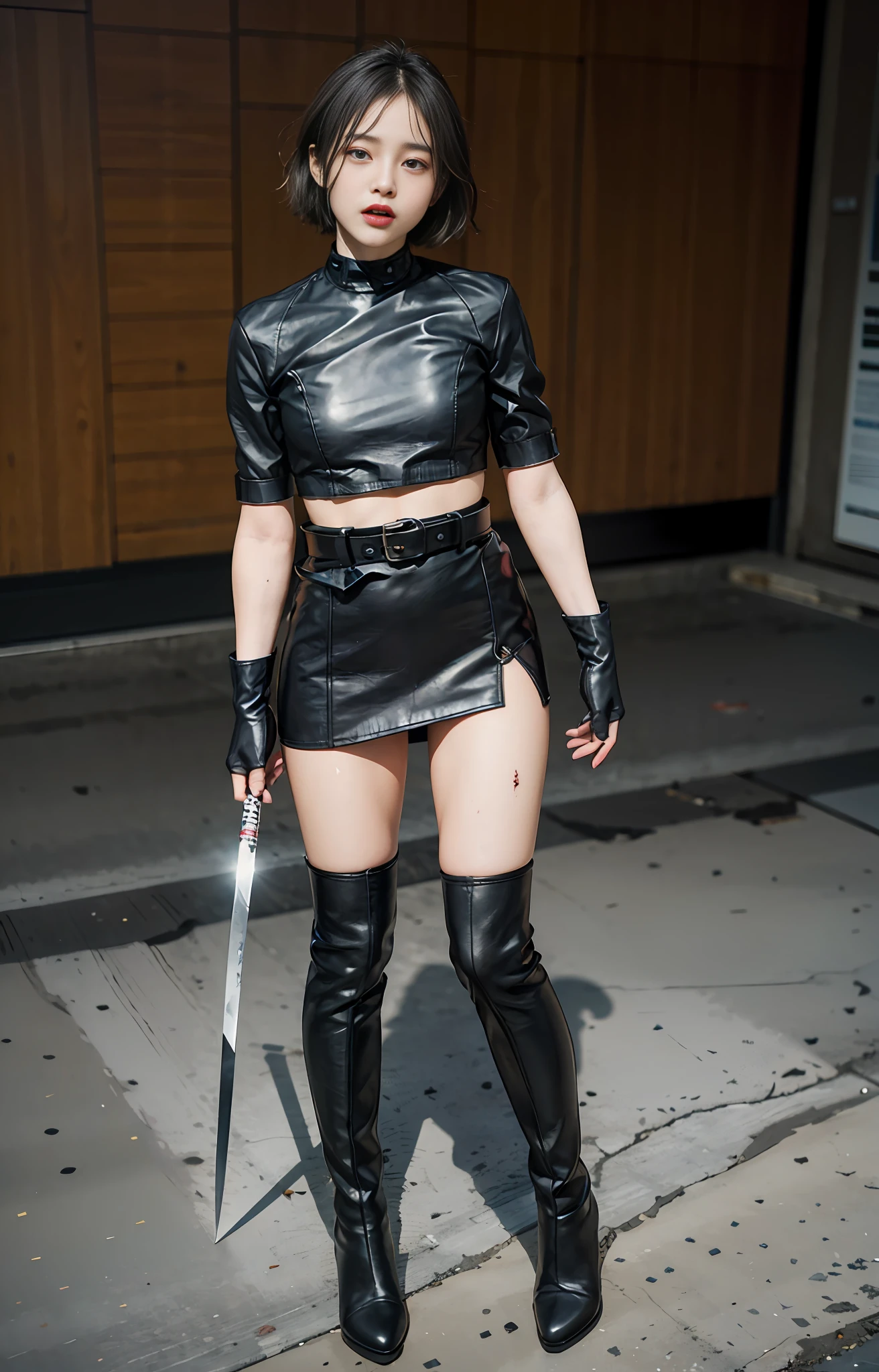 offcial art,extremely detailed CG Unity 8k wallpapers,optimal quality,masterpaintings,high resolucion,Pretty girl ninja,Short Hair Hair,Black cut top leather armor,Brown belt,Scabbards on thighs,Japanese knife,Leather gloves,Black mini leather skirt,Black over-the-knee flat boots,Tight Leather,whole body photos,Melon face,Small face,Fall to the ground,The skirt leaks, spread legswide,No Panty,bloods,Bloody scars on the stomach,roll of eyes,Blood at the corners of the mouth,Stick out your tongue,wounded in fight,killed in fight,