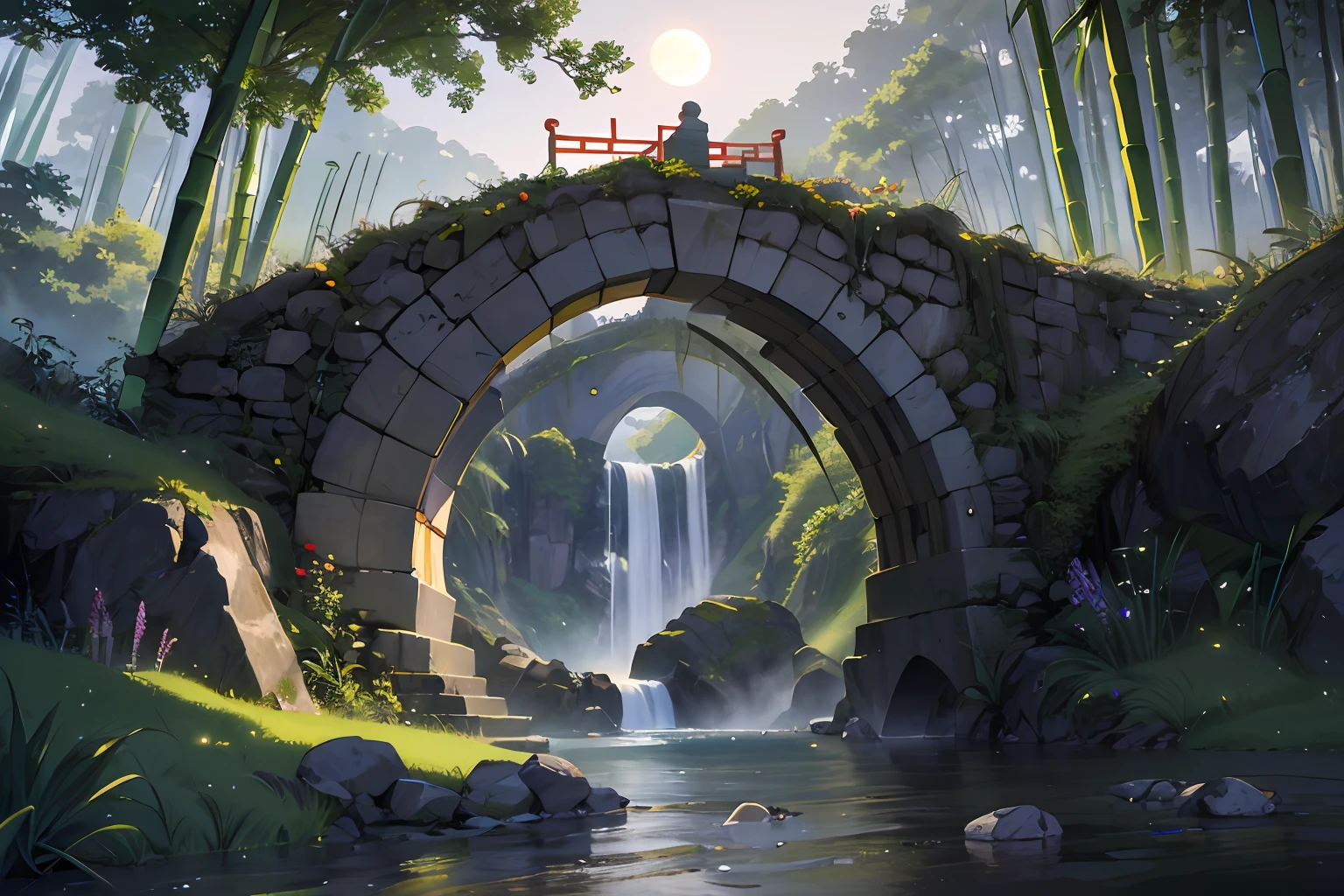 Ancient Chinese architecture, cool colors, dark night, moon, garden, bamboo, lake, stone bridge, rockery, arch, corner, tree, running water, landscape, outdoor, waterfall, grass, rock, dense fog, (Illustration: 1.0) , Epic Composition, HD Details, Masterpiece, Best Quality, (Very Detailed CG Unity 8k Wallpapers) --v 6