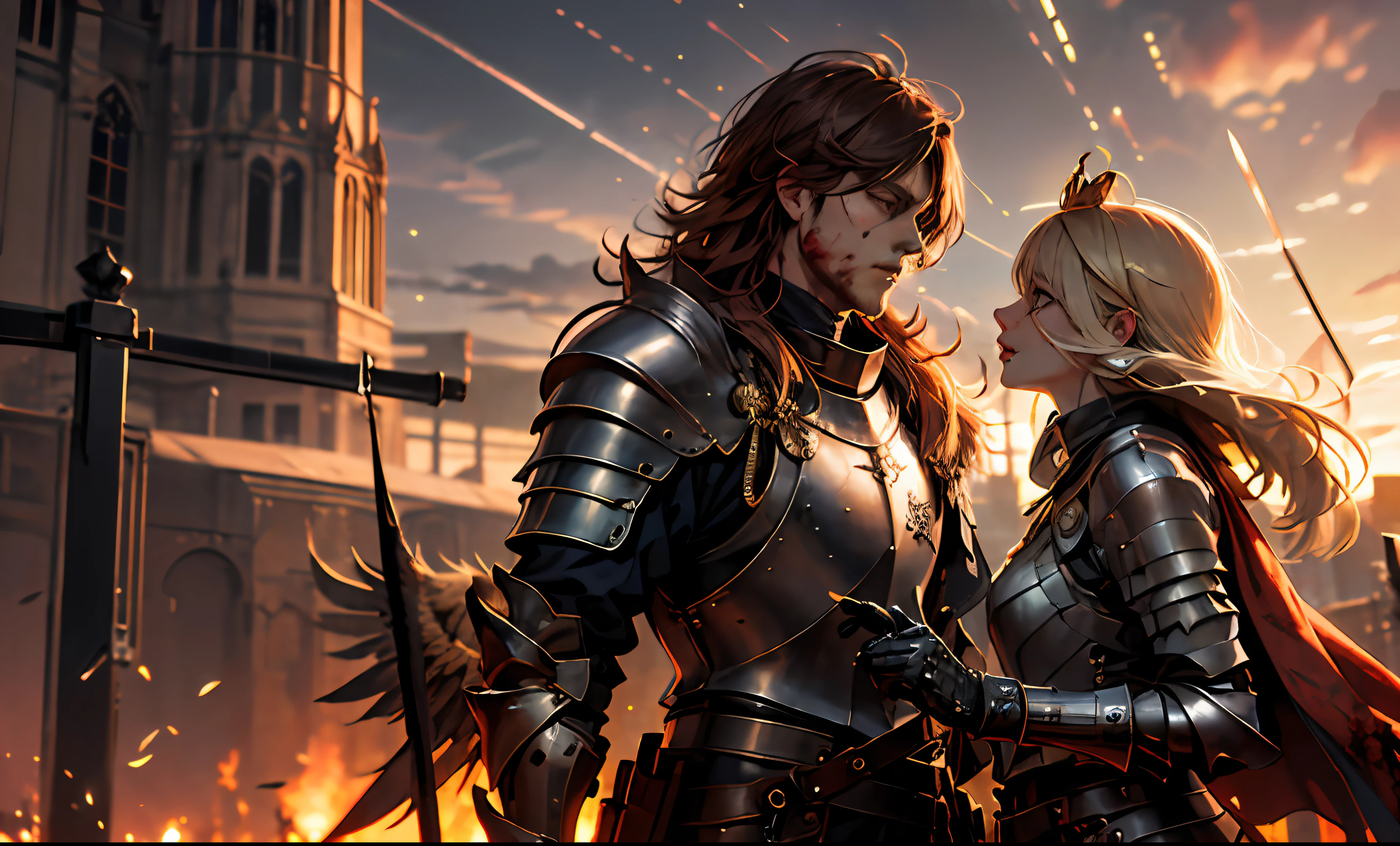 (masterpiece:1.2, best quality:1.1),8K,intricate details,HD,best illustration,wall-paper,intricate details,8K Hd wallpaper:1.6
1girl,12yo,Golden pupil,((Golden eye)),Golden iris,shine:1.6
Swords and shields, griffins, wings, banners, streamers, emeralds, crowns,The sheen, the detail, the sparks, the ink, the castle, the fire, the sunset,Crusader armor
Metallics, streamers, blood on his face,Chest exposed, broken armor,industrial, dieselpunk, Carved armor:1.4, scratches:1.2, battle damage, wounds