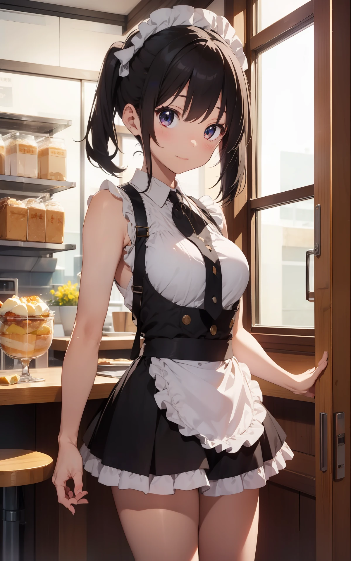 最好质量、1girl in、maid、garterbelts、sora、colorful strands of hair、a cute 、Lustrous skin、24 years old、Shines、High contrast、Tempting、Sensual milf, Serving customers at a café, big tit、White blouse、Black skirt、Sleeveless、Beautiful armpits、White headband、short-cut、Random angles