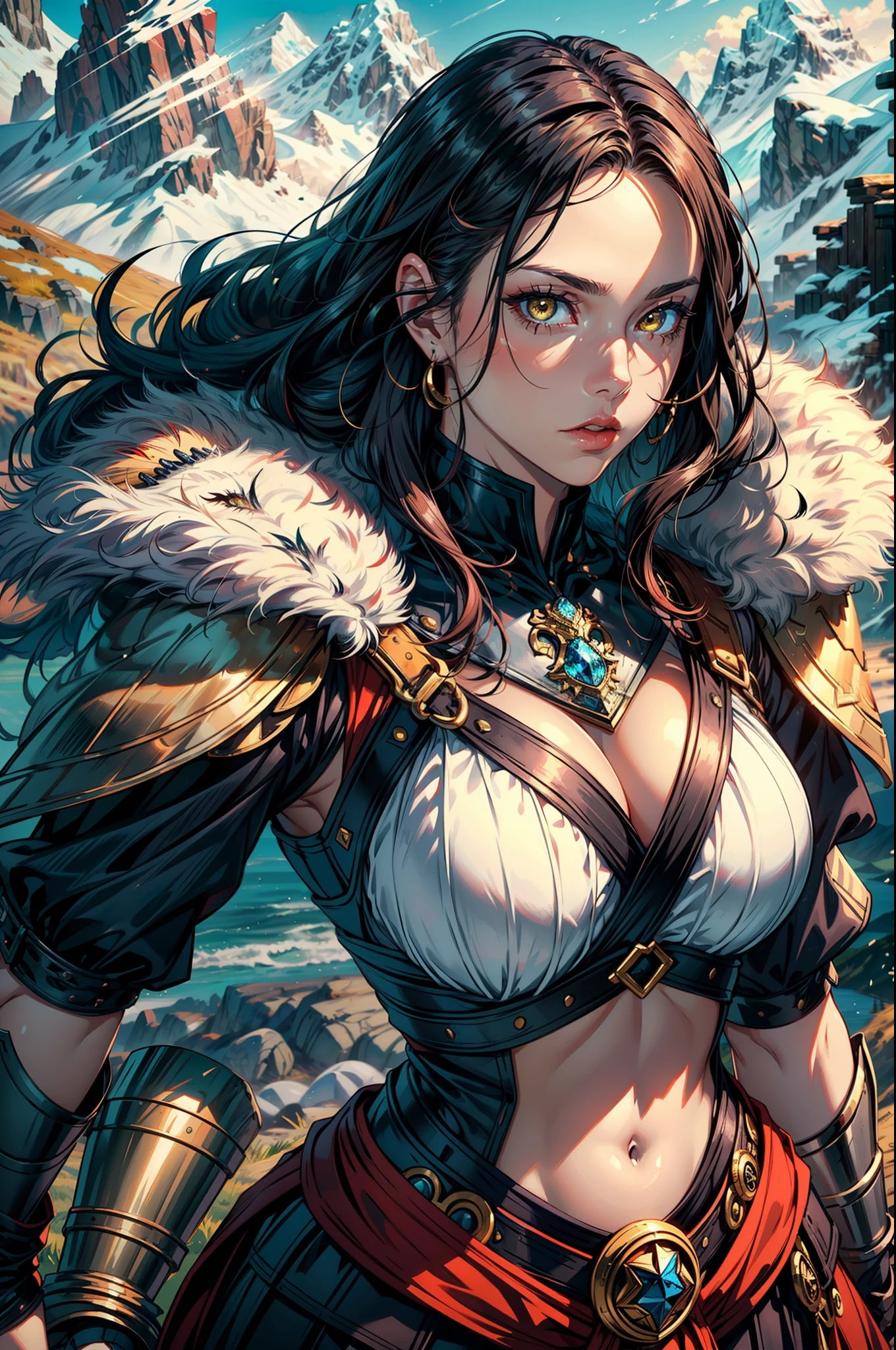 vibrant colors, woman, masterpiece, sharp focus, best quality, cinematlic lighting, detailed outfit, perfect eyes, dynamic pose, black hair, yellow eyes, viking theme, viking armour, show, fur armour, sunlight, mountains, landscape