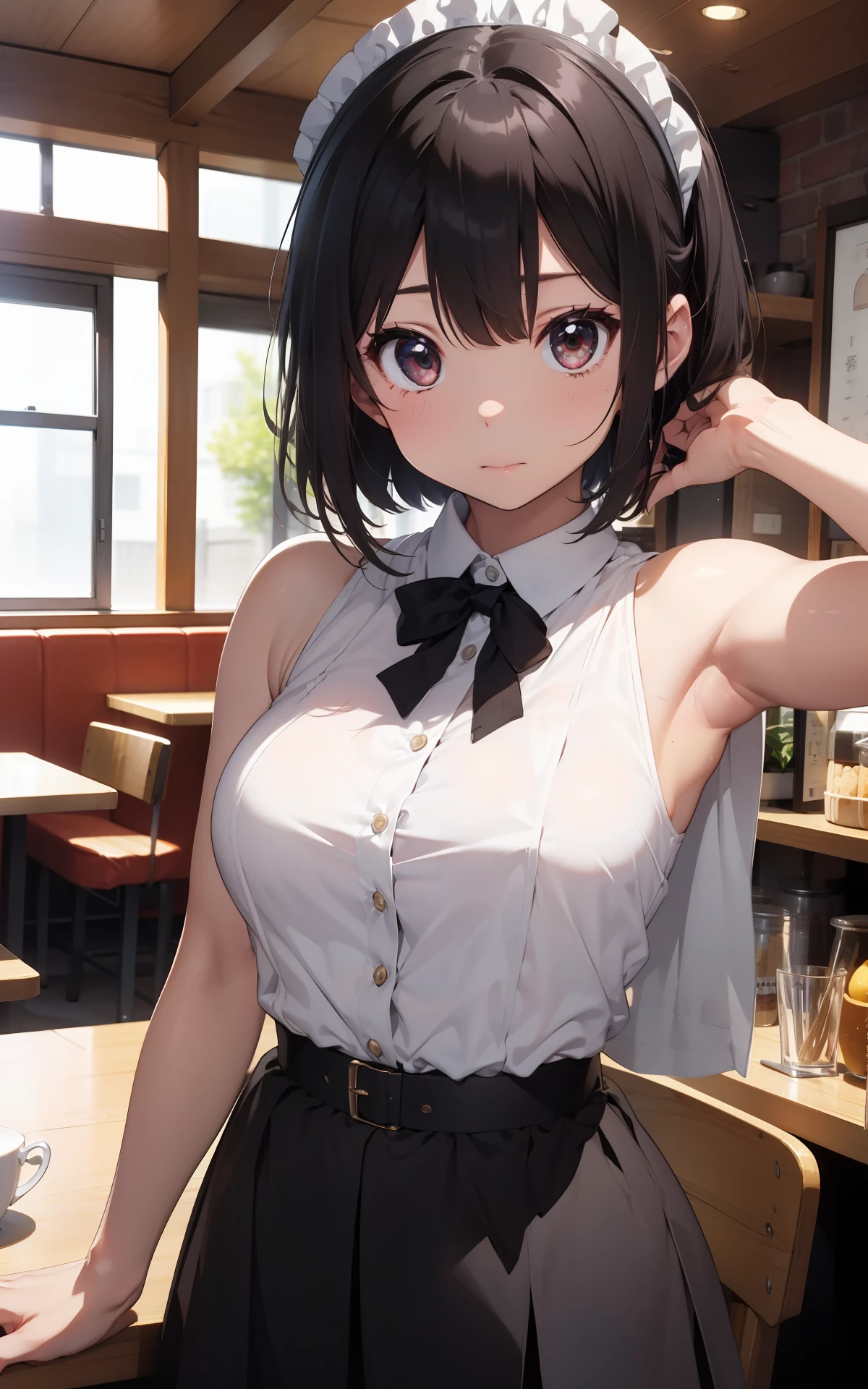 最好质量、1girl in、maid、garterbelts、sora、colorful strands of hair、a cute 、Lustrous skin、24 years old、Shines、High contrast、Tempting、Sensual milf, Serving customers at a café, big tit、White blouse、Black skirt、Sleeveless、Beautiful armpits、White headband、short-cut、Random angles