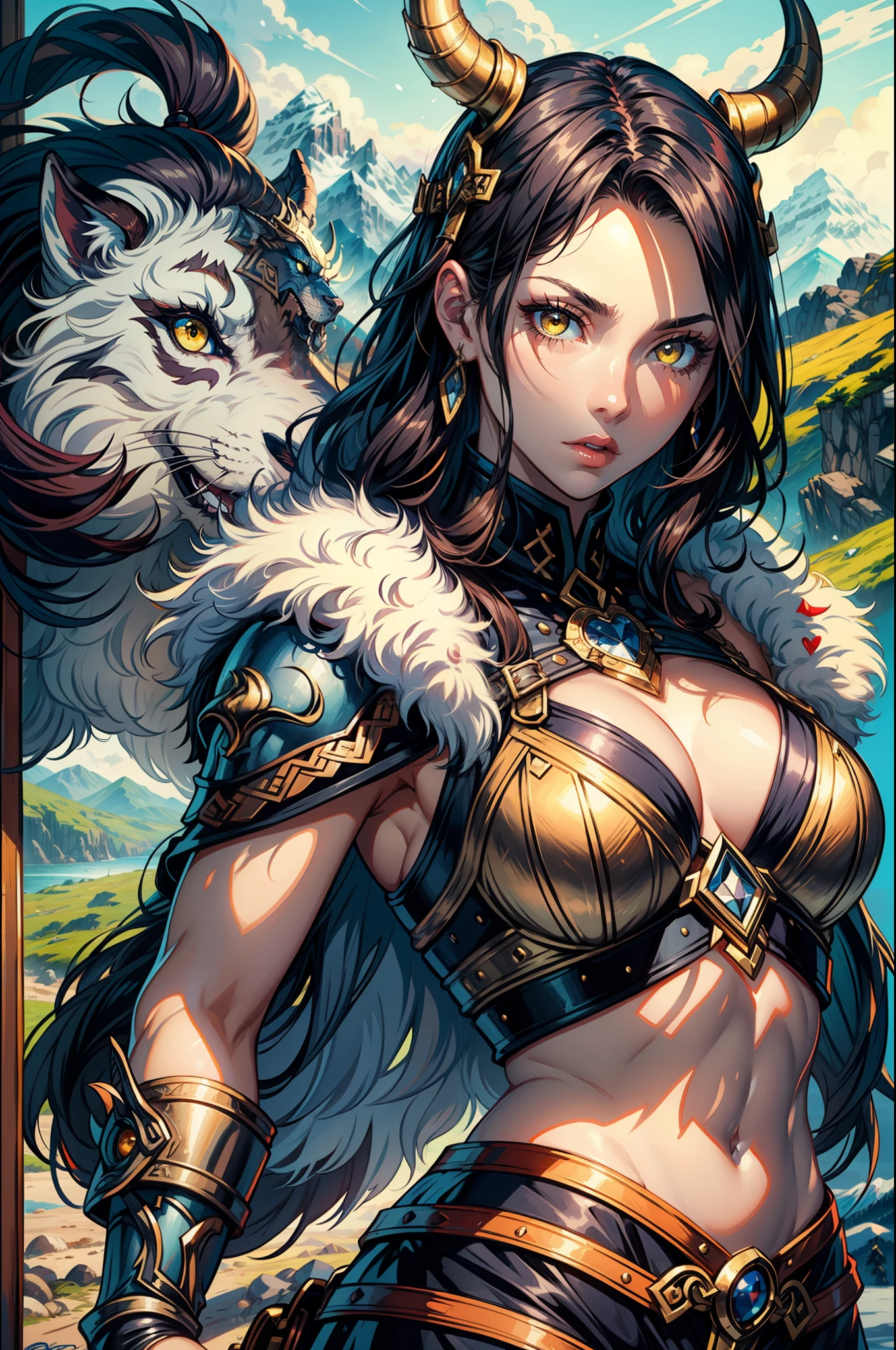 vibrant colors, woman, masterpiece, sharp focus, best quality, cinematlic lighting, detailed outfit, perfect eyes, dynamic pose, black hair, yellow eyes, viking theme, viking armour, show, fur armour, sunlight, mountains, landscape