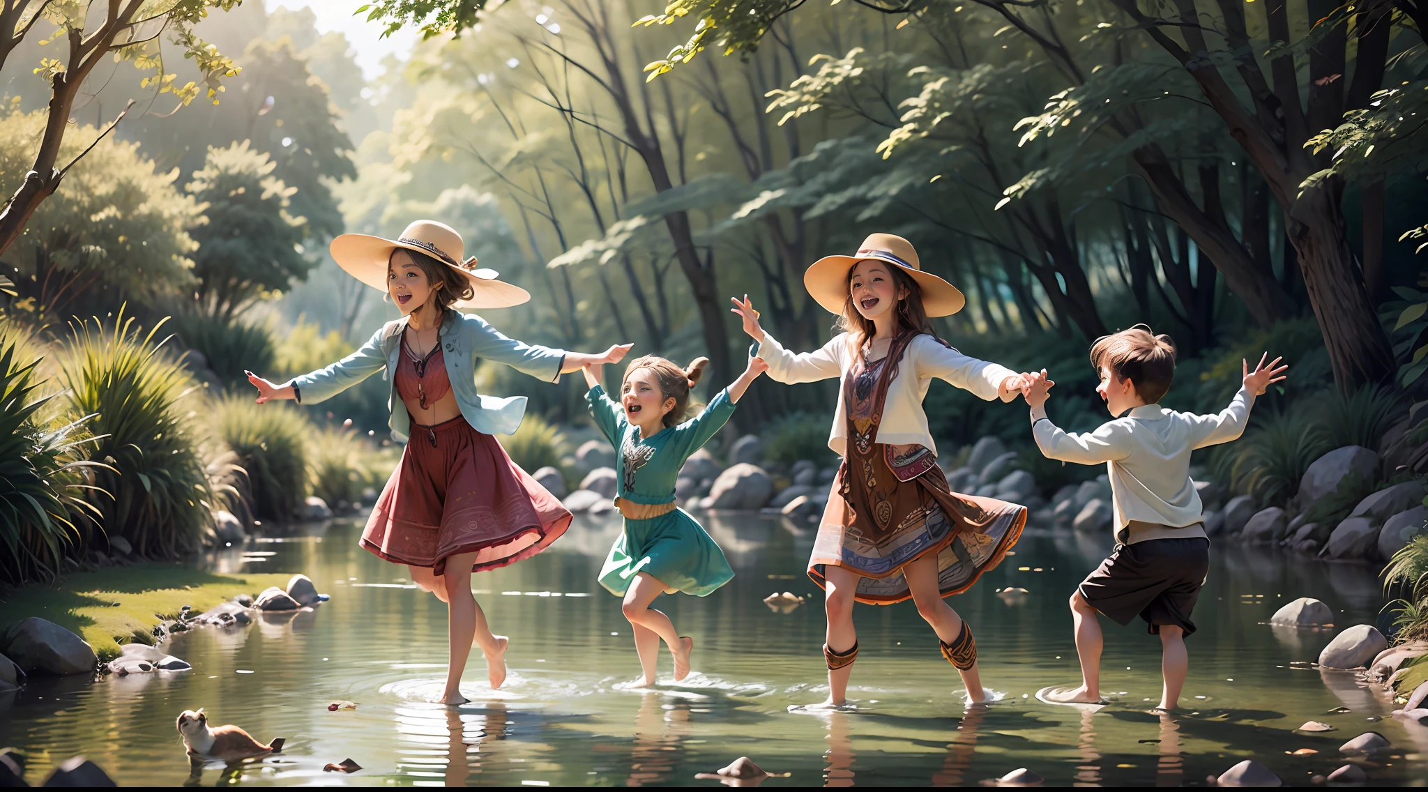 bohoai (a joyful scene of four kids Lily, Emma, Ethan, Max dancing) playing with (beautiful otters), near a sparkling brook,