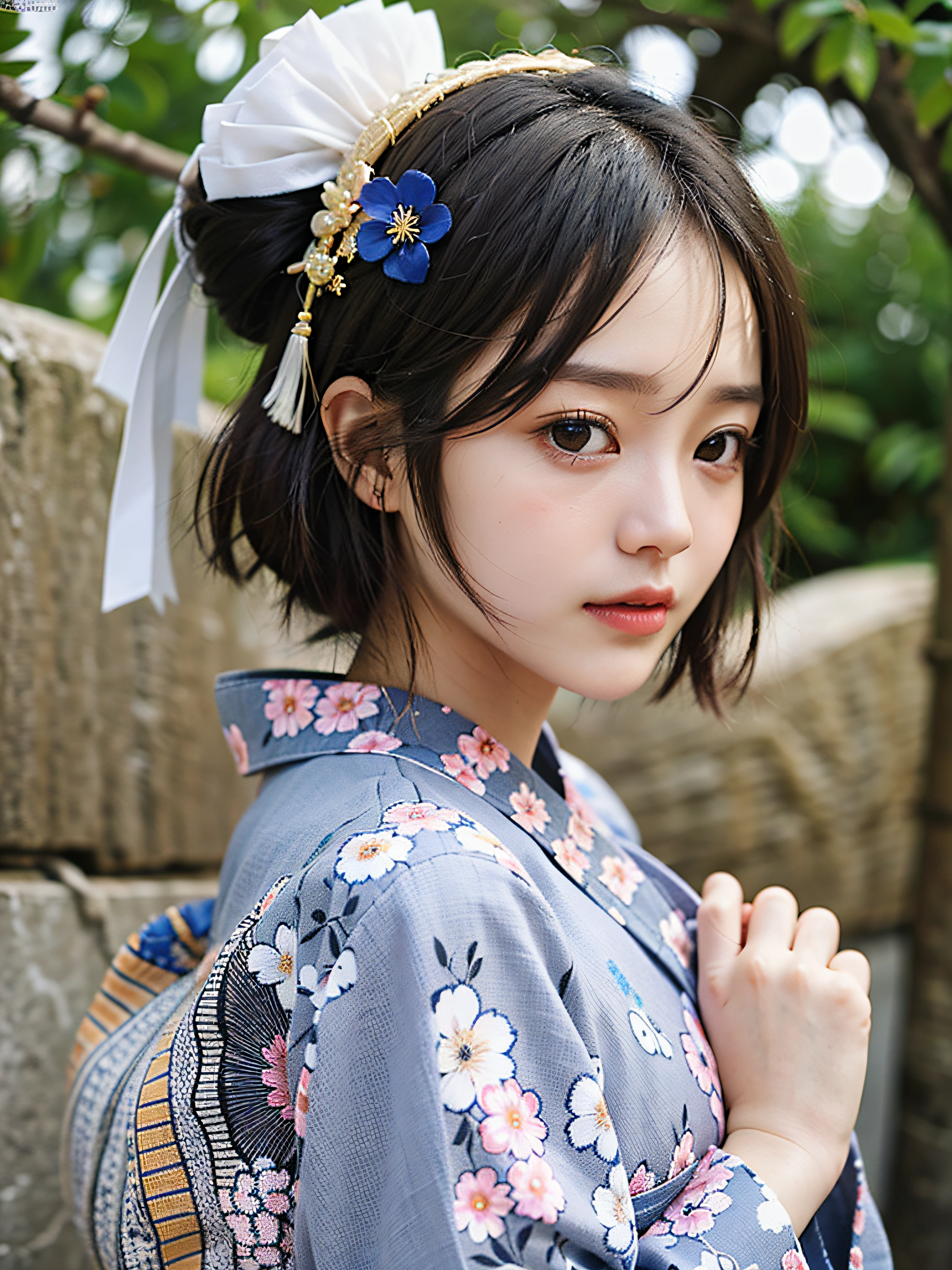 "(Maste Piece, Best Quality:1.2),(最好质量:1.2),(Master Master:1.2)、(巨作、Super Quality、Hi-Def、8K、intrikate:1.2)、(details face:1.2)、White Skin Skin、双眼皮、Detailed skin、((realisitic))、Good lighting quality、beautiful Girl,Dignified face,Sareme,front facing, Hands together,Gasso, (black har)".in a kimono、Kimono、Black kimono、Vivid pattern、Exclusive Japan garden、
