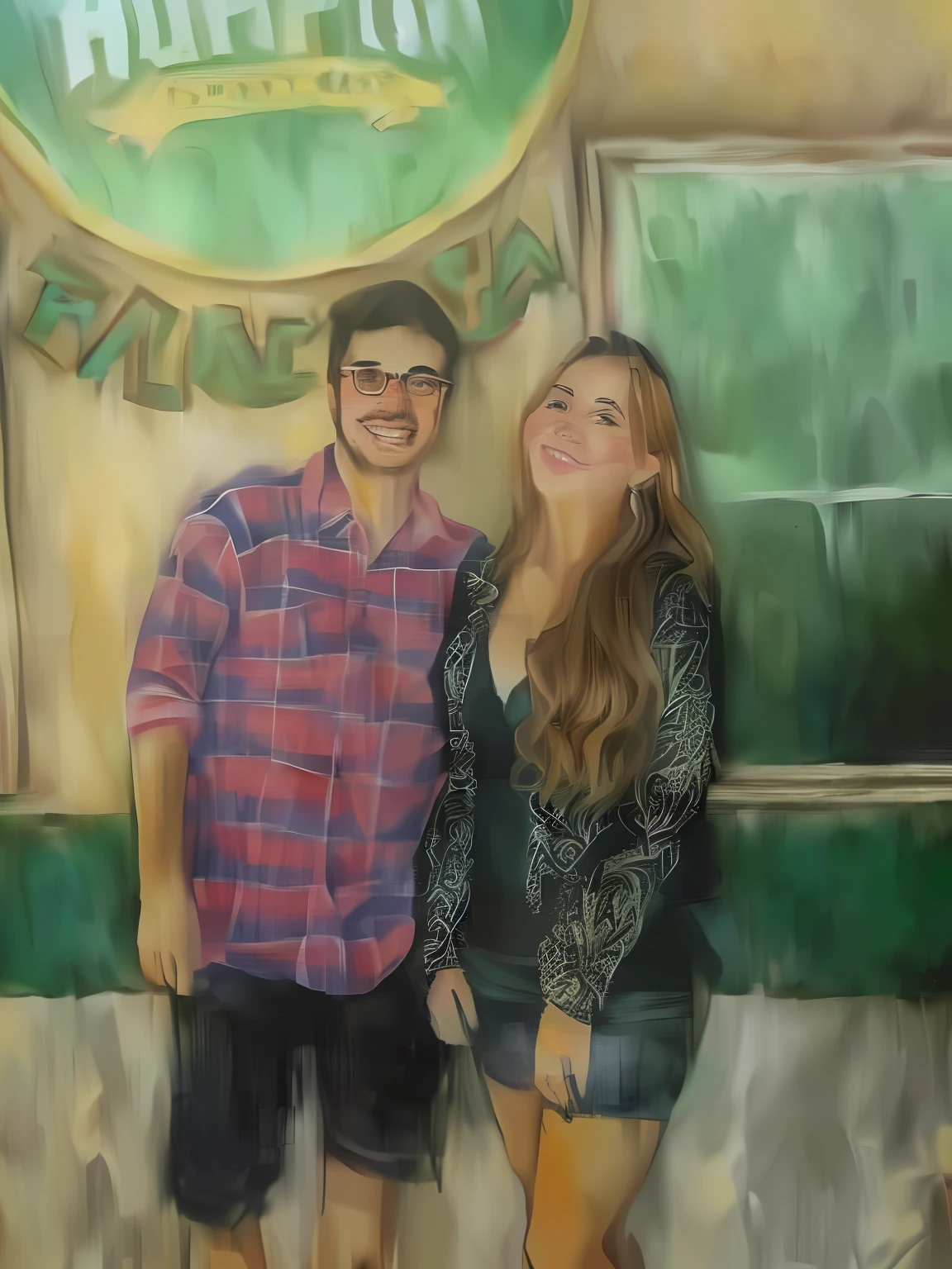 they are posing for a picture in front of a sign, They're happy, photography style oil painting