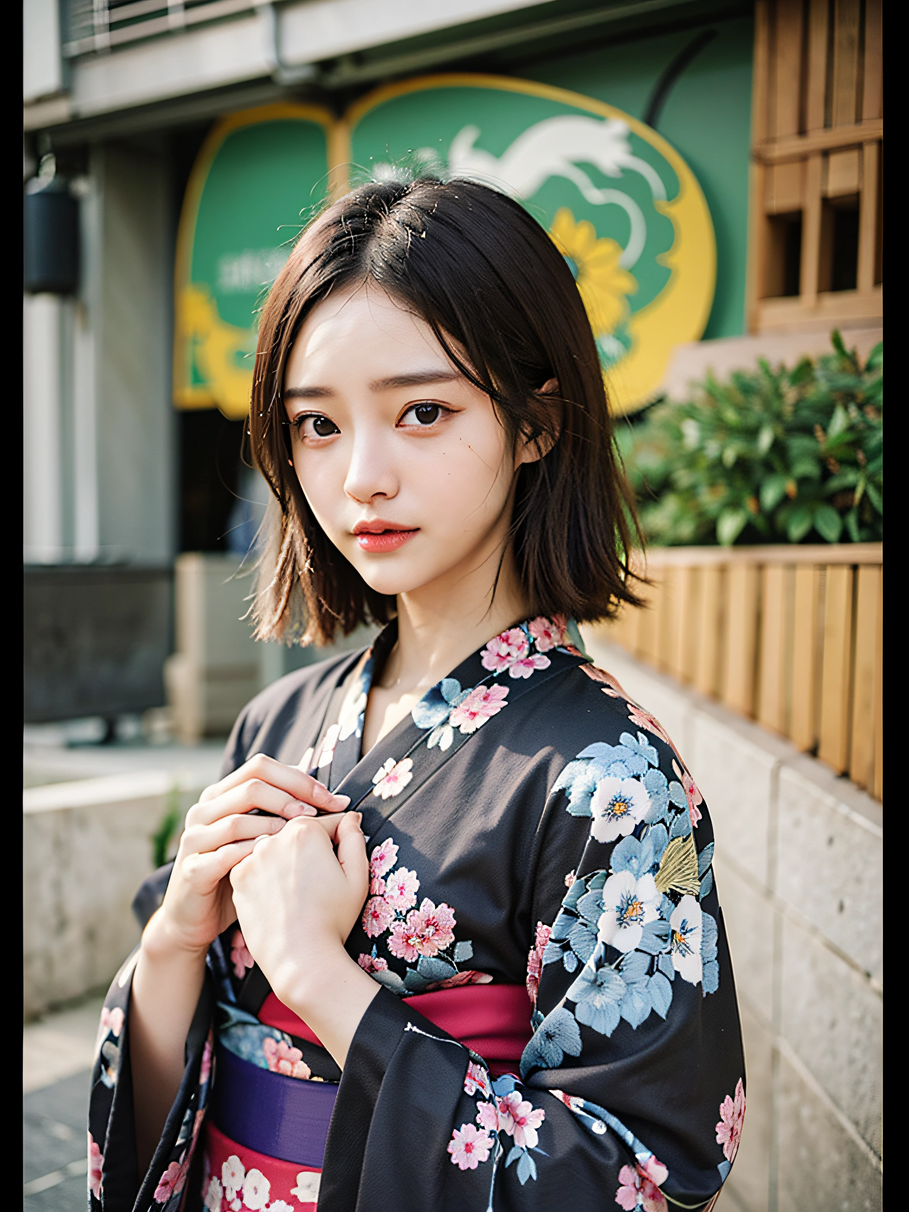 "(Maste Piece, Best Quality:1.2),(最好质量:1.2),(Master Master:1.2)、(巨作、Super Quality、Hi-Def、8K、intrikate:1.2)、(details face:1.2)、White Skin Skin、双眼皮、Detailed skin、((realisitic))、Good lighting quality、beautiful Girl,Dignified face,Sareme,front facing, Hands together,Gasso, (black har)".in a kimono、Kimono、Black kimono、Vivid pattern、Exclusive Japan garden、