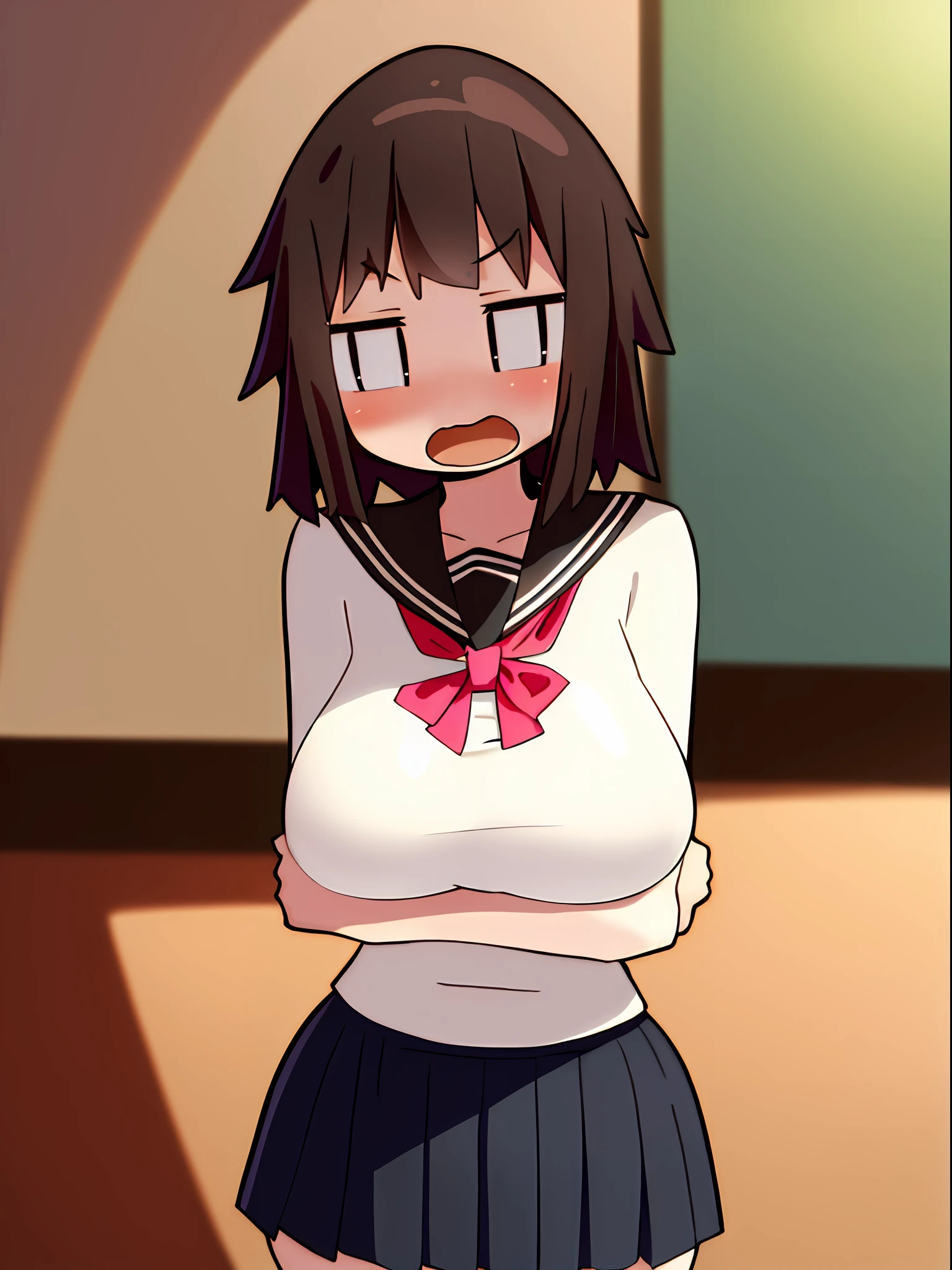 ((masterpiece:1.2)), (best quality), ((extreme detail)), extremely, CG, toon, @squidboy0125, ((mob face)), ((|_|)), 1girl, solo, white school uniform, white shirt, red bowtie, black pleated skirt, short hair, brown hair, wide hips, curvy, black thighhighs, (blush), open mouth, full body view, (large breasts), thick thighs, cowboy shot, (breast hold),