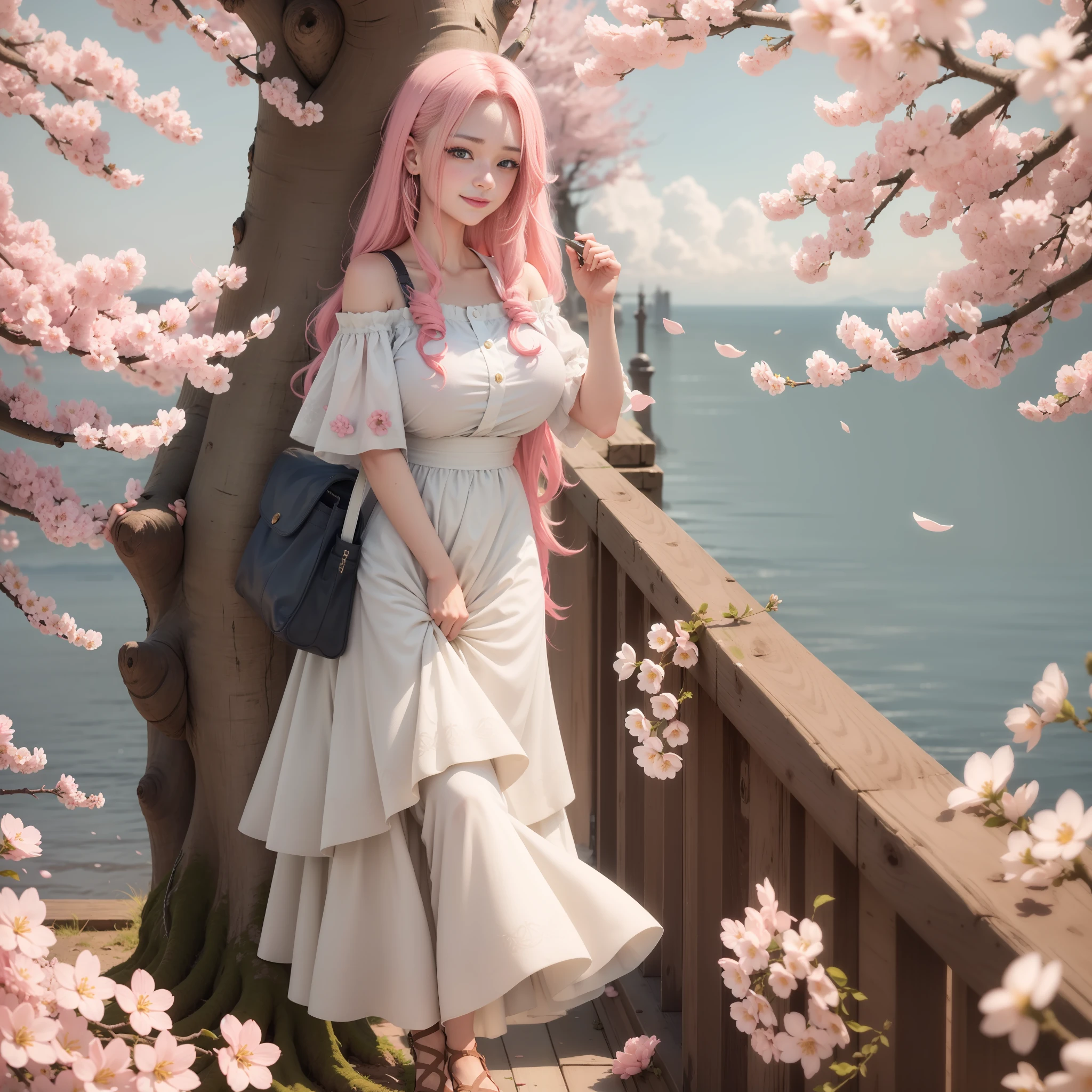 cherry tree_blossoms, Falling_petals, petals, branch, peach red_Flower, 1girl huge large breasts,20 yrs old, Blue_Sky, Spring_\(season\), petals_On_liquid, Flower, hanami, Dress, (Long curly blonde hair：1.5), Wear a garland, Sky,exteriors，the clouds，Hair bangs，Smile with，Pink eyes，huge-eyed，Delicately coordinated facial features，White dress embellished with cherry blossoms，naked shoulders，Ear ring，optimal quality。Perfect image quality。Holding_Flower，the wind，The tree，Looking_At_peeping at the viewer，Cowboy shot，Detail enhancement，Character strokes。