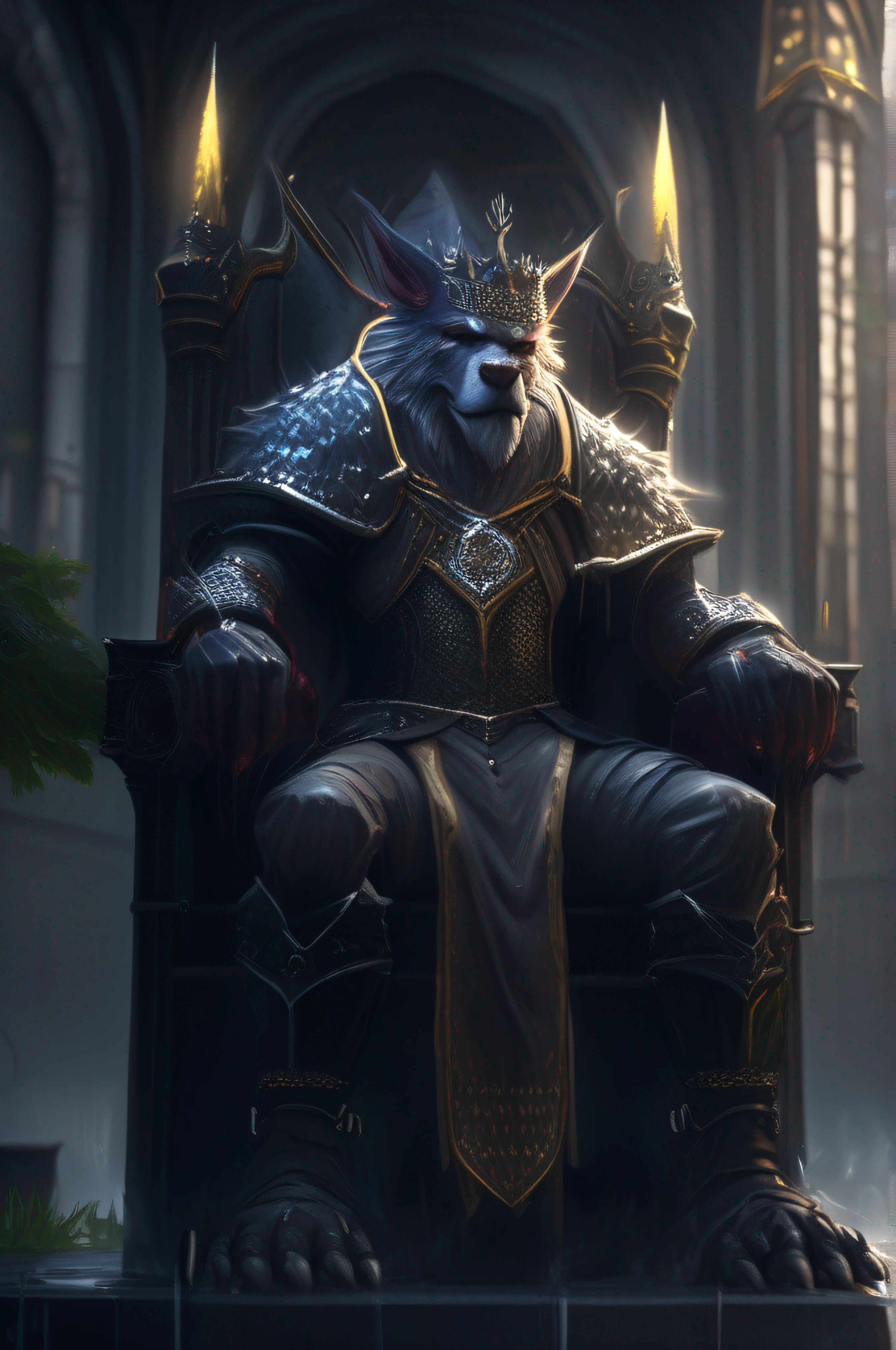 an old Werewolf king sitting on the throne in the heart of The City of Glas, throne is A very humid place full of puddles and leaks, regal, intimidating, ornate armor, regal crown, blurry_background, natural lighting, short twintails hair, looking_at_viewer, solo, highly detailed 8k