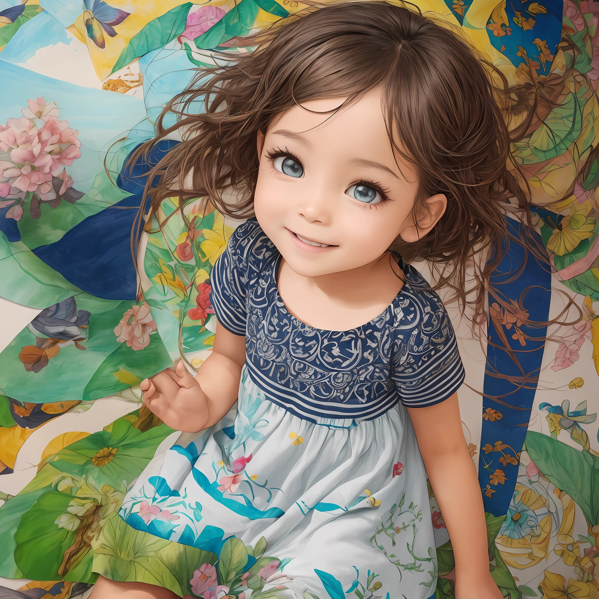 (Children's drawing illustration), (alta resolução), (8K), (Muito detalhado), (best illustration), (Belos olhos detalhados), (Melhor qualidade), (Ultra detalhado), (Obra-prima), (Papel de parede ), (Rosto Detalhado), a smiling black child, curiosa e alegre, cabelos de cor castanho, tipo ondulado, simples, fofa, com vestido colorido, in various exhibitions and pose, --auto --s2