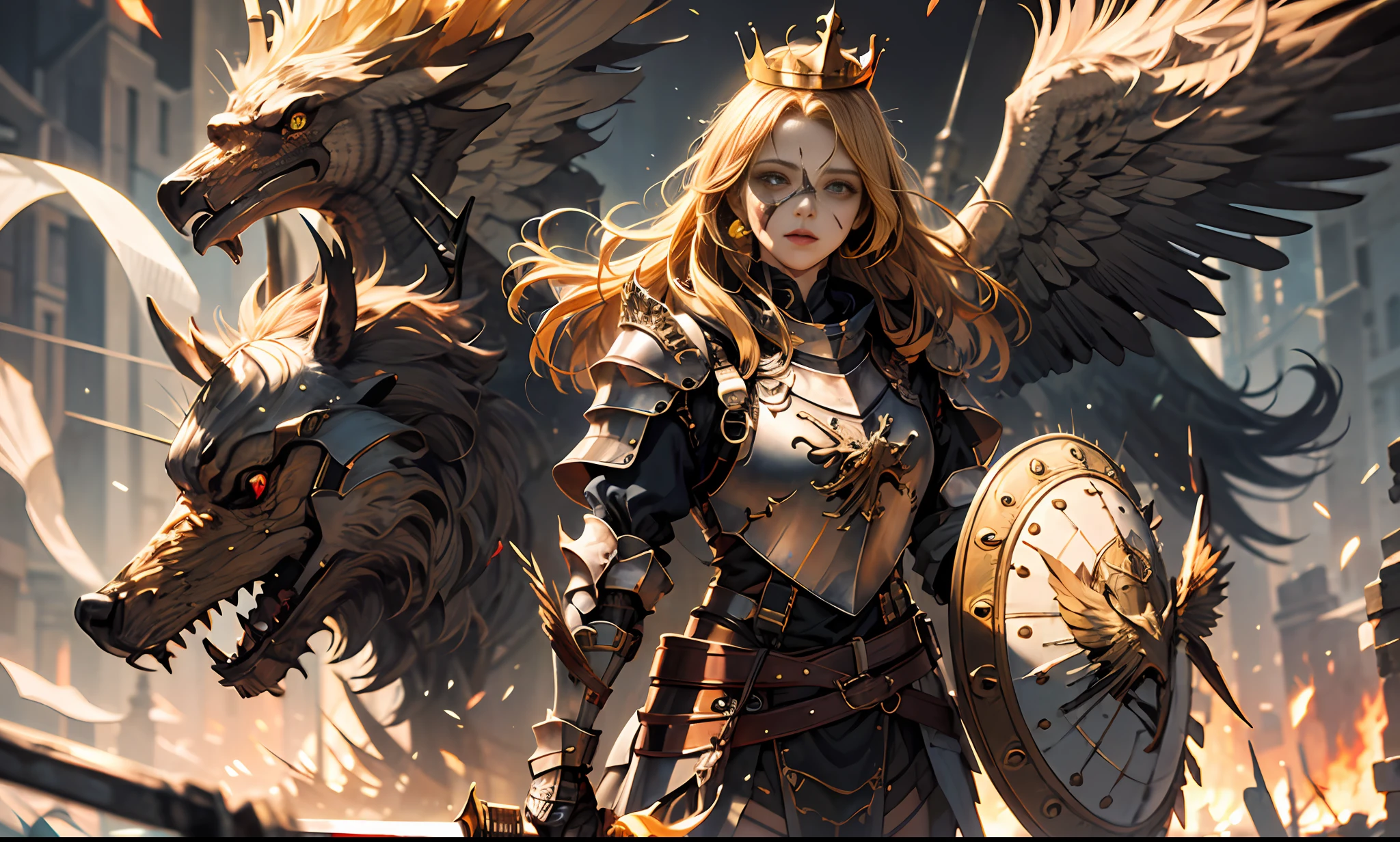 (masterpiece:1.2, best quality:1.1),8K,intricate details,HD,best illustration,wall-paper,intricate details,8K Hd wallpaper:1.6
1girl,12yo,Golden pupil,((Golden eye)),Golden iris,shine:1.6
Swords and shields, griffins, wings, banners, streamers, emeralds, crowns,The sheen, the detail, the sparks, the ink, the castle, the fire, the sunset,Crusader armor
Metallics, streamers, blood on his face,Chest exposed, broken armor,industrial, dieselpunk, Carved armor:1.4, scratches:1.2, battle damage, wounds
