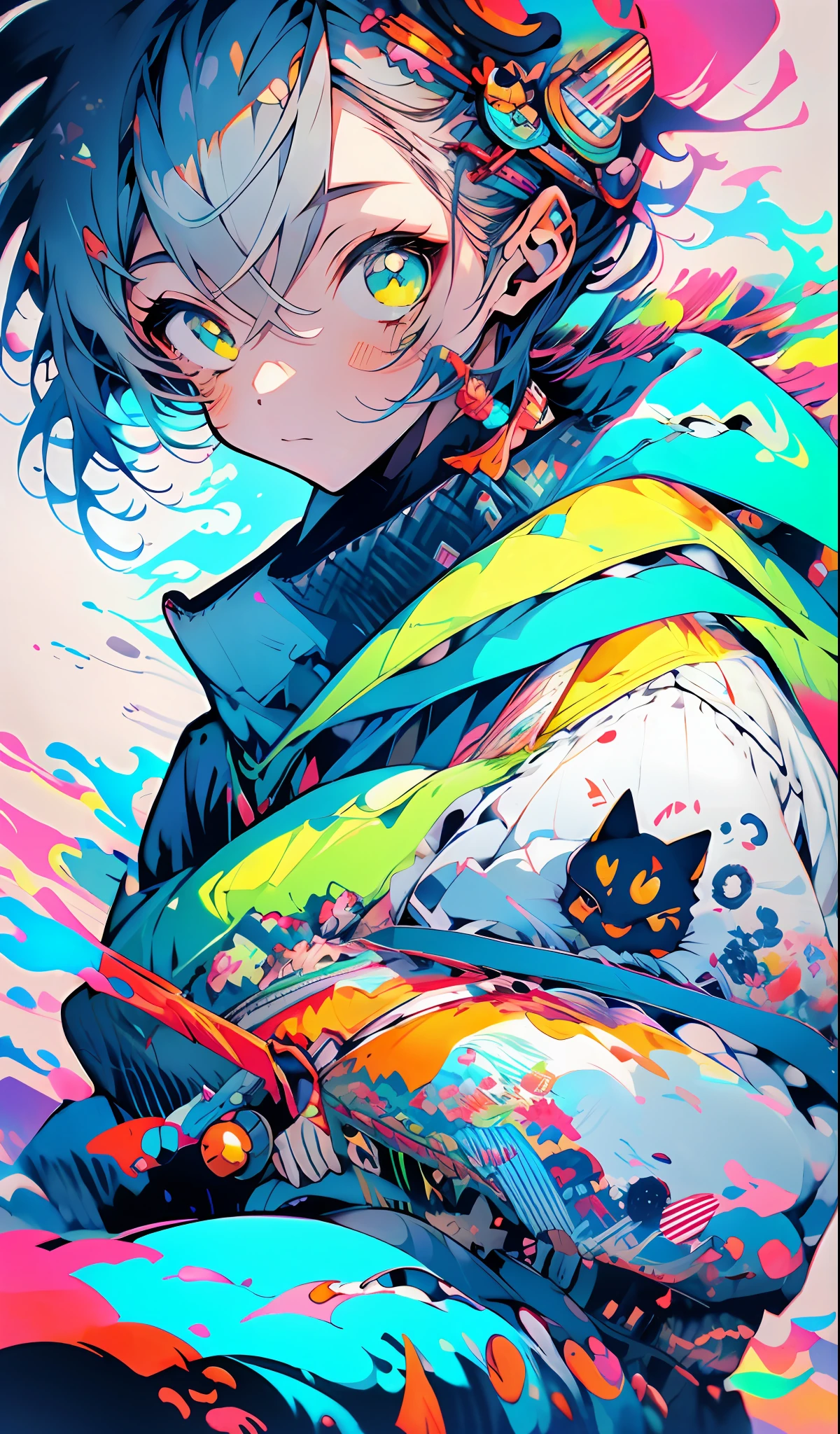 anime girl with blue hair and cat ears sitting on a colorful blanket, Anime moe art style, anime monster girl, style of anime4 K, 2 d anime style, anime girl with long hair,demon anime girl, mikudayo, anime girl with teal hair