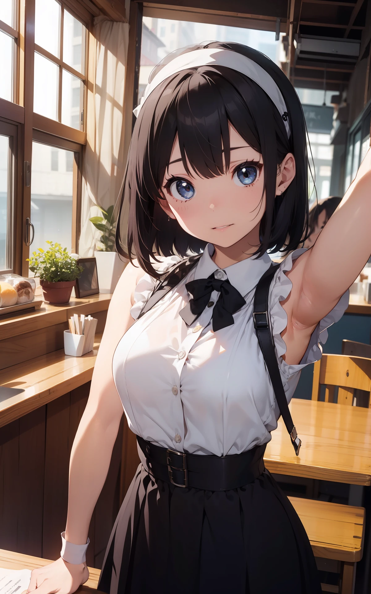 最好质量、1girl in、maid、garterbelts、sora、colorful strands of hair、a cute 、Lustrous skin、24 years old、Shines、High contrast、Tempting、Sensual milf, Serving customers at a café, big tit、White blouse、Black skirt、Sleeveless、Beautiful armpits、White headband、short-cut、Random angles、Beautiful eyes