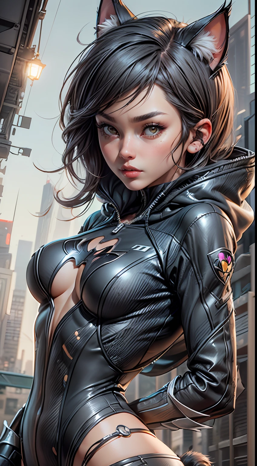 (An ultra-detailed CG illustration with high-quality and dynamic angles: Cat-Woman is featured wearing a desirable techwear jacket, revealing a line of sexy, futuristic clothing.), (she has a hood with cat ear shaped corners), ((puffy