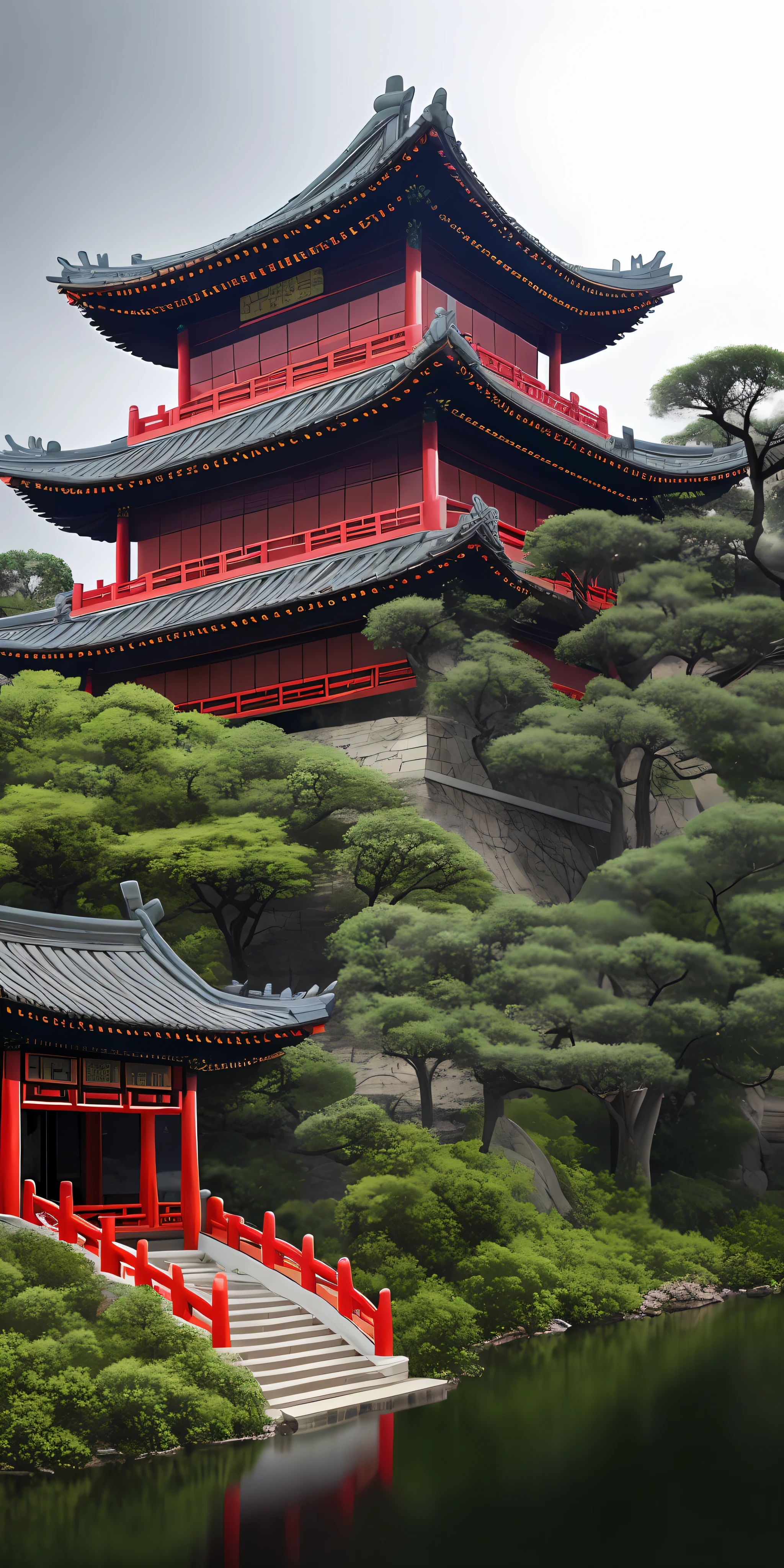 A beautiful Chinese building,on a mountain,ultra realistic lightening,8k resolution,a thunder storm