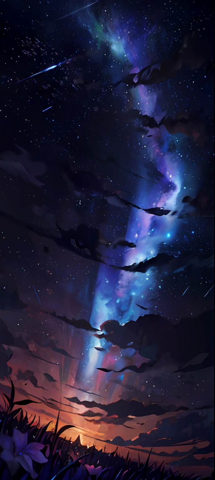 No characters,universes,starry light,Scenes,Blue-violet,(zoomout:1.1),(meteor shower:1.2),(comets:1.1),low-angle,from back,aurora borealis,Meteor,Surrounded by petals,standing in a field,The best quality,masterpaintings,Clouds,Colorful,As estrelas,As estrelas