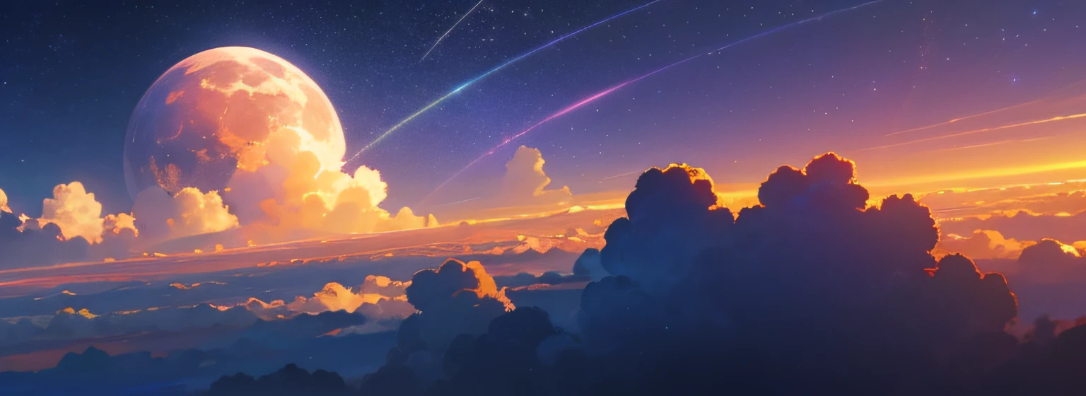 a moon、the clouds、sky at night、starlit、３D、４K,high picture quality、Three-dimensional、Background Anime Art, cosmic sky. Anime Background, anime background art, anime movie background, starlit_, Anime Sky,