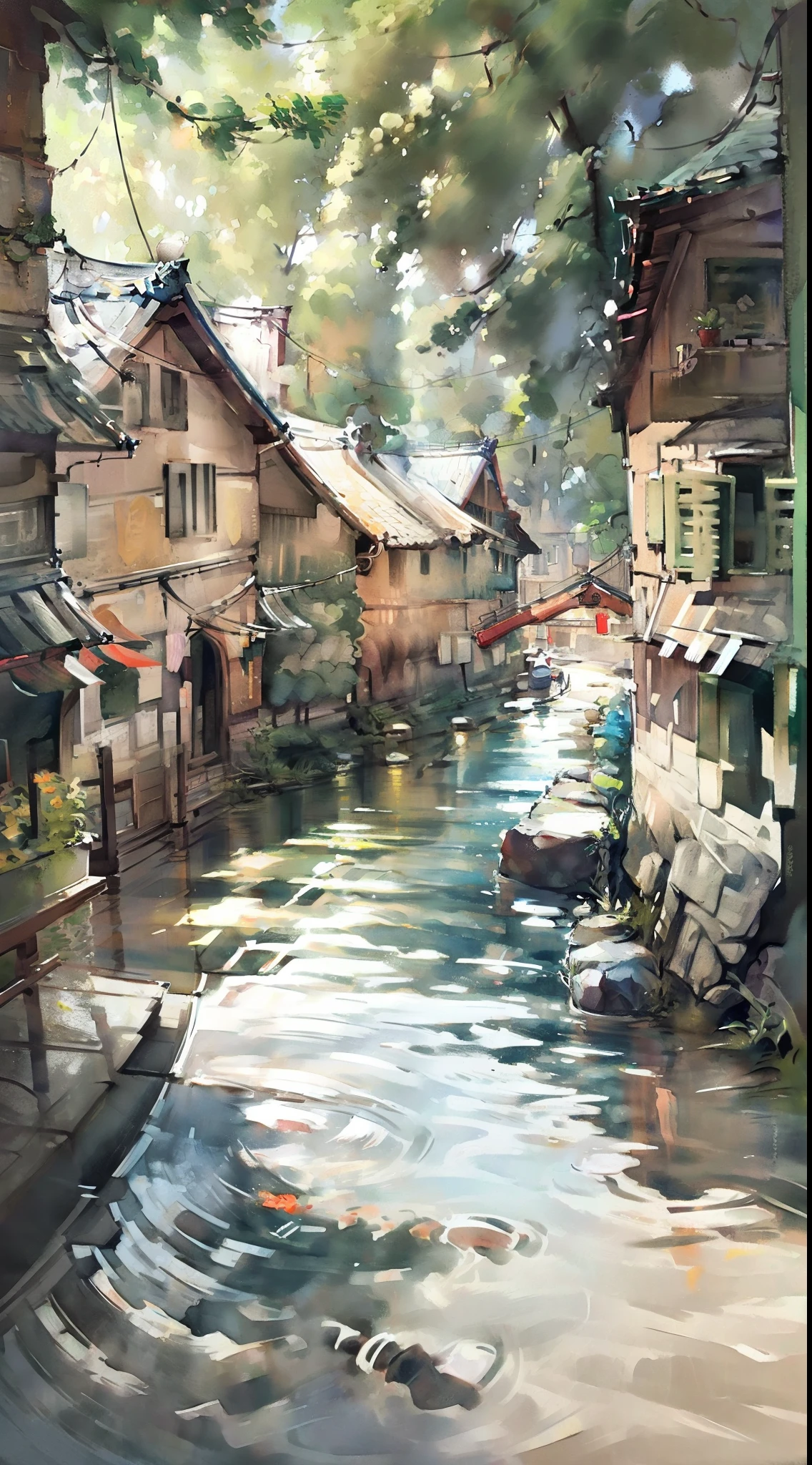 water colour,Ink,Chinese rural residential path,Red brick building,standing water,water bloom,the street,Rainy sky,masterpaintings,16K resolution,ultra fine,high qulity,