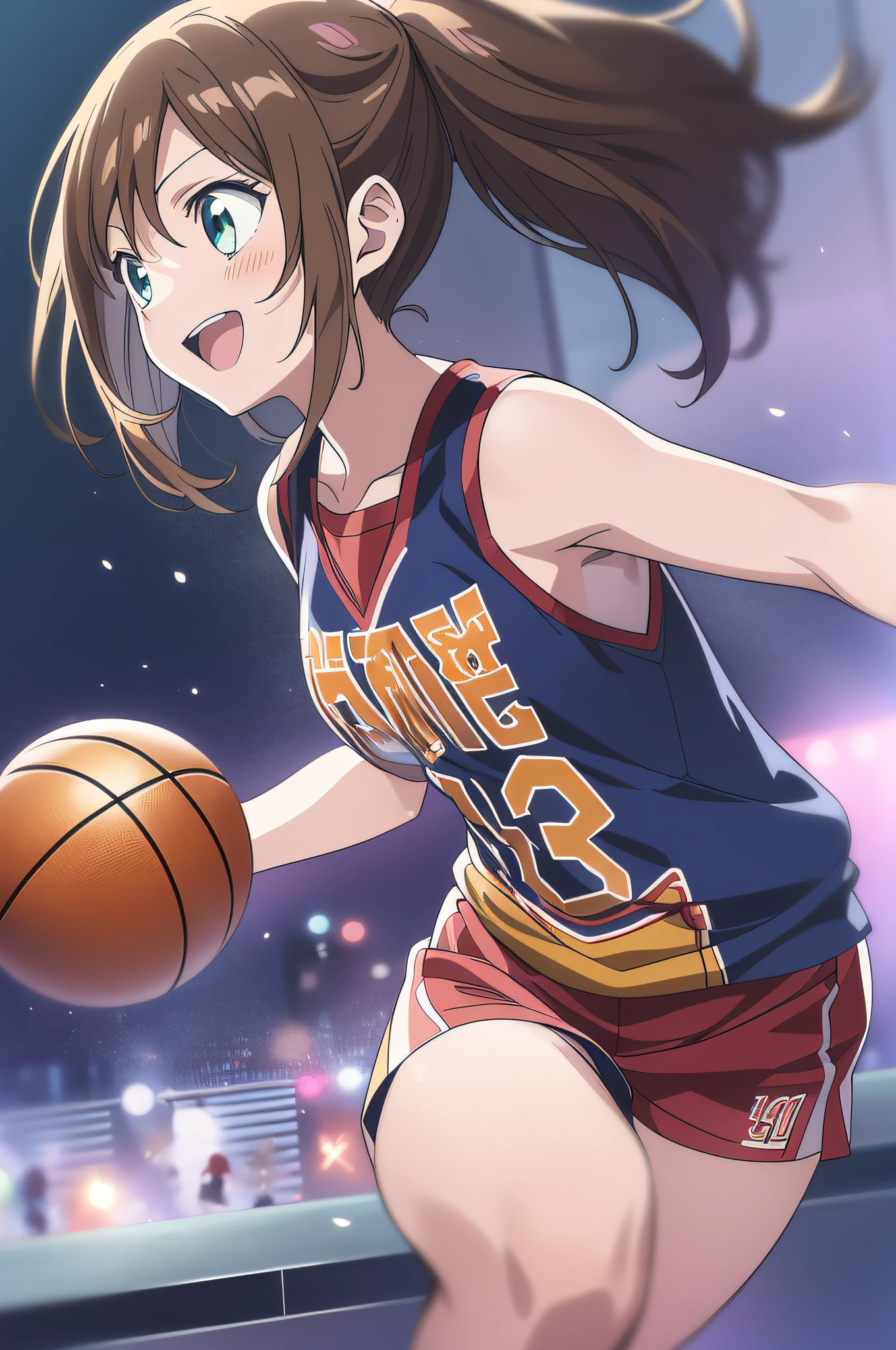 (最好质量,アニメ,Anime Art Style:1.2), Teen girls, 13years, perspiring、Playing Basketball,Powerful angles、Speedy movement,looking away,Looks fun、a smile、Sleeveless