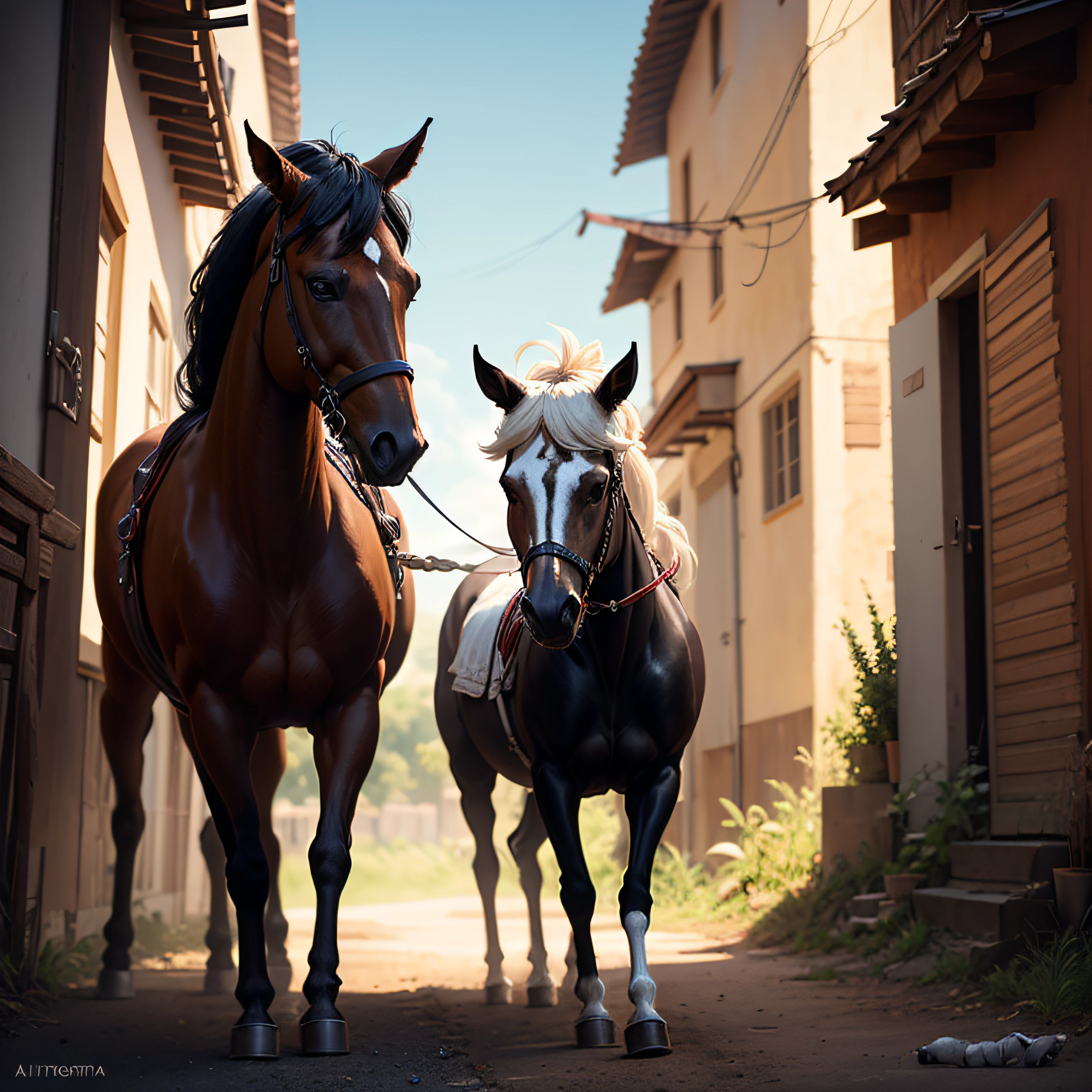 Katsuki Bakugo y un caballo negro reunidos en una hoguera de noche cerrada, arte digital realista. --auto