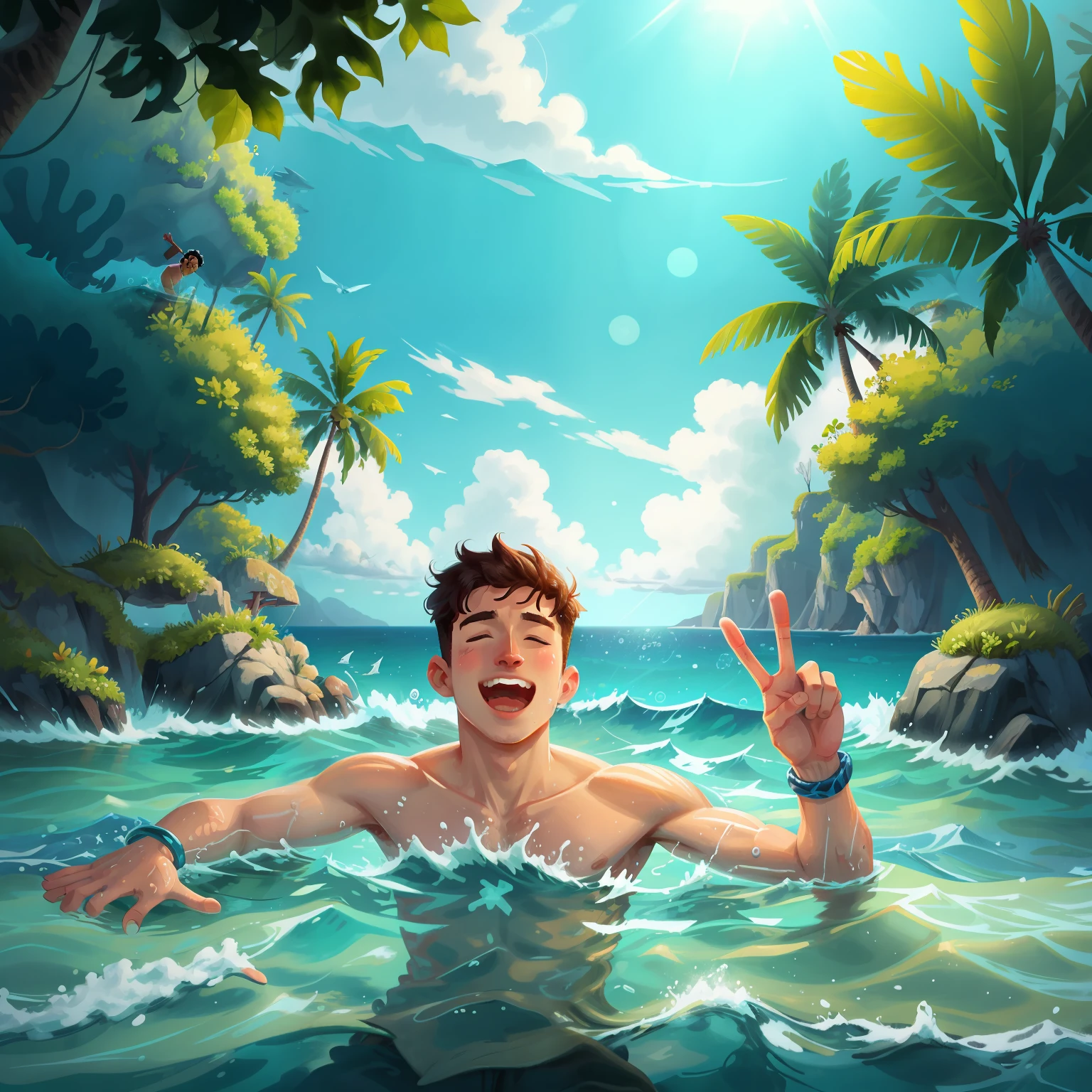 there is a man in the water making a peace sign, in water! up to shoulders, dans la mer, in water, in the middle of the ocean!!!!!, ocean in the background, floating in the ocean, in water, on the ocean water, in the ocean, ocean in the background, paradise in the background, dans une mer