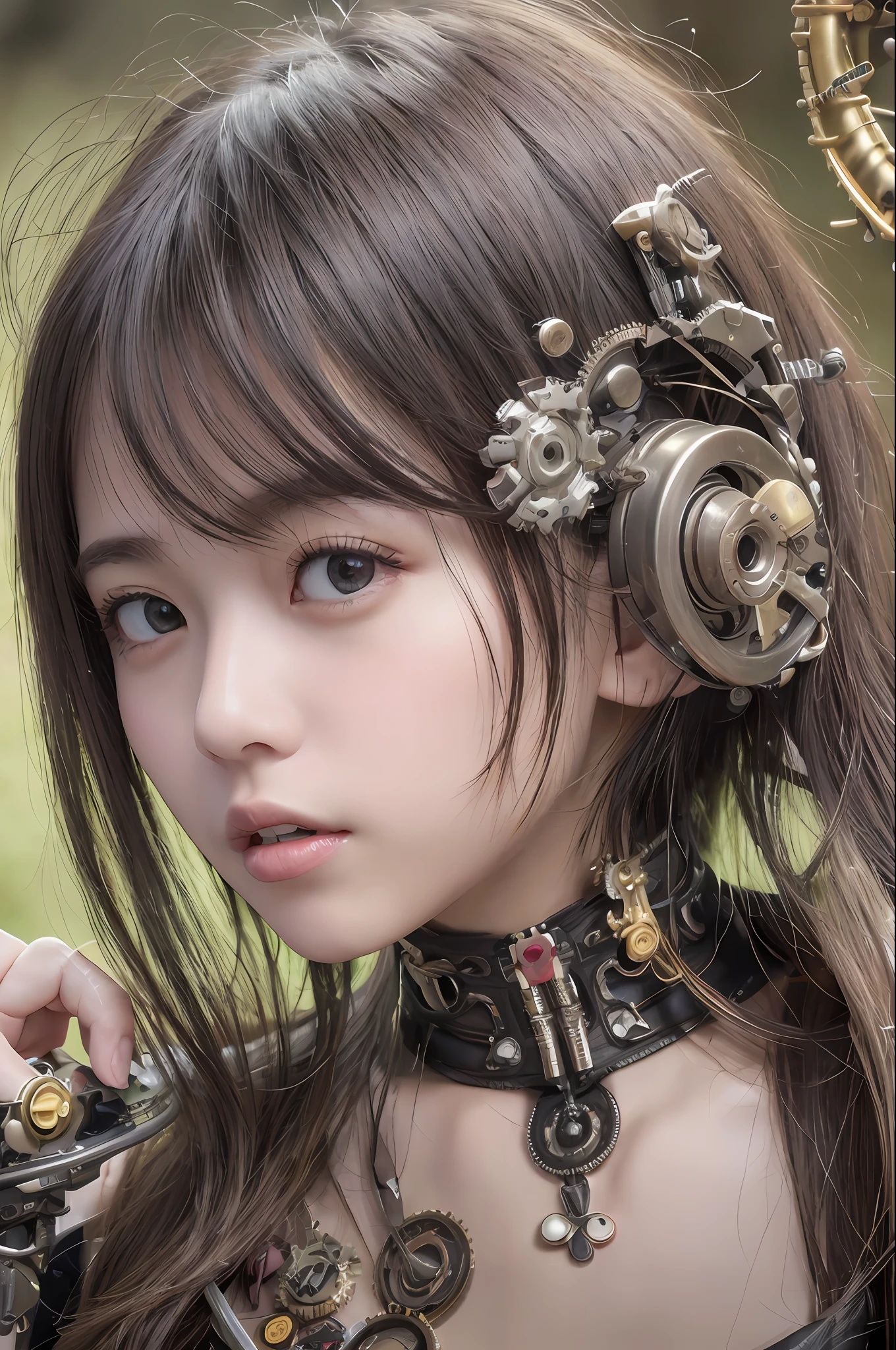 最好质量、巨作、ultra-high-resolution、(photoreallistic:1.4)、Raw photo、女の子1人、Black hair、glowy skin、1 Mechanical Girl、((hyper realistic detail))、portlate、Global Illumination、Shadow、octane rend、8K、ultrasharp、big tit、Raw skin is exposed in cleavage、metals、Details of complex ornaments、Steampunk details、Analog Meter、cog、gear、Golden hydraulic cylinder、hyper intricate details、Realistic light、CGSoation Trends、purple colored eyes、eyes glowing、Facing the camera、neon details、Mechanical limbs、blood vessels connected to tubes、Mechanical vertebrae attached to the back、mechanical cervical attaching to neck、sitting on、Wires and cables connecting to the head、vacuum tubes、cog、meter、Gundam、Small LED lamp、The background is a steampunk city、