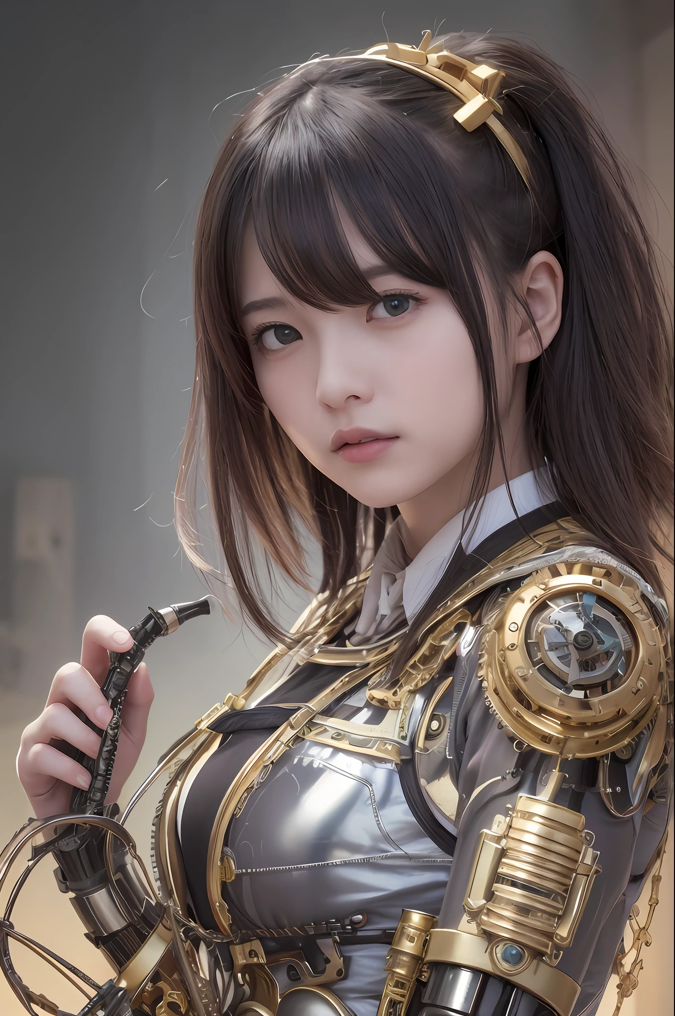 最好质量、巨作、ultra-high-resolution、(photoreallistic:1.4)、Raw photo、女の子1人、Black hair、glowy skin、1 Mechanical Girl、((hyper realistic detail))、portlate、Global Illumination、Shadow、octane rend、8K、ultrasharp、big tit、Raw skin is exposed in cleavage、metals、Details of complex ornaments、Steampunk details、Analog Meter、cog、gear、Golden hydraulic cylinder、hyper intricate details、Realistic light、CGSoation Trends、purple colored eyes、eyes glowing、Facing the camera、neon details、Mechanical limbs、blood vessels connected to tubes、Mechanical vertebrae attached to the back、mechanical cervical attaching to neck、sitting on、Wires and cables connecting to the head、vacuum tubes、cog、meter、Gundam、Small LED lamp、The background is a steampunk city、