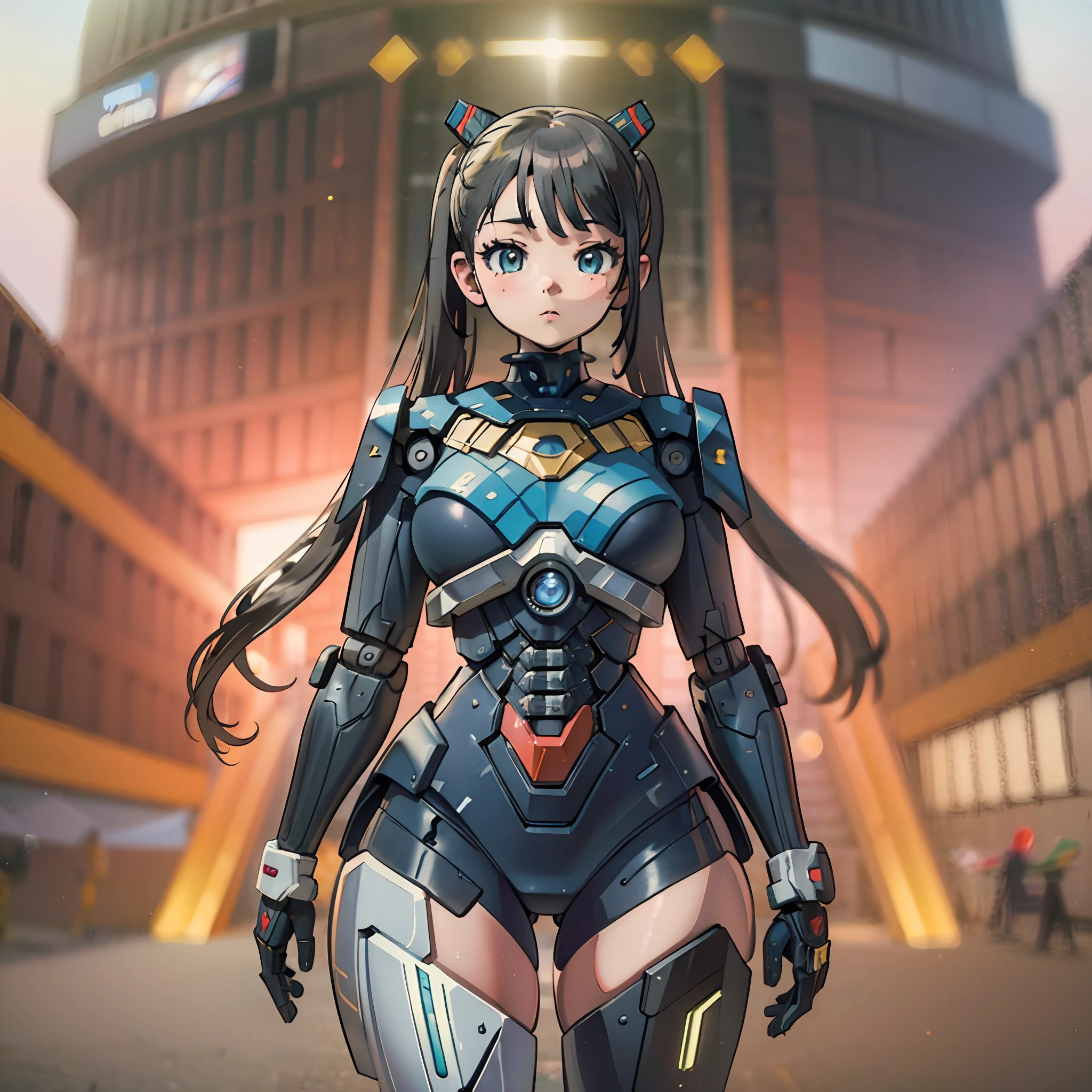 (award winning 8k concept art:1.3) of (young woman in front of giant robots:1.3), close to camera, sweet, front, epic, (masterpiece:1.4), (best quality:1.4), Amazing, beautiful, finely detailed, (Depth of field:1.4), 8k, fine art, stunning, (light reflections:1), (crisp:1.6), red twin tails, vibrant, (edge detection:1.4), absurdres, impressive, 120mm, clear, lens flare, wide shot, wide angle, colorful