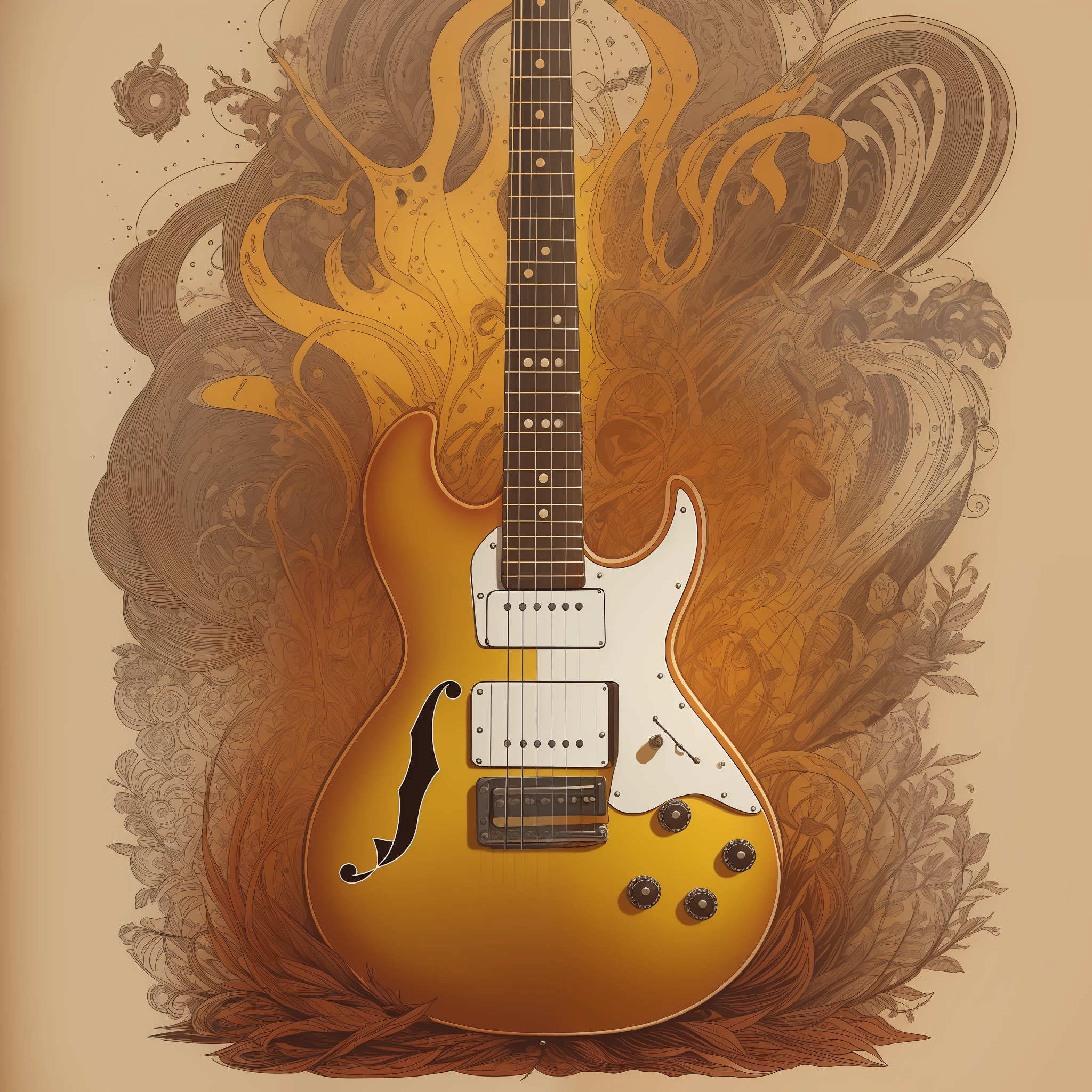 "Draw an illustration that depicts an iconic electric guitar, em chamas, rodeada por notas musicais e amplificadores, Capturing the energy and passion of rock and roll."