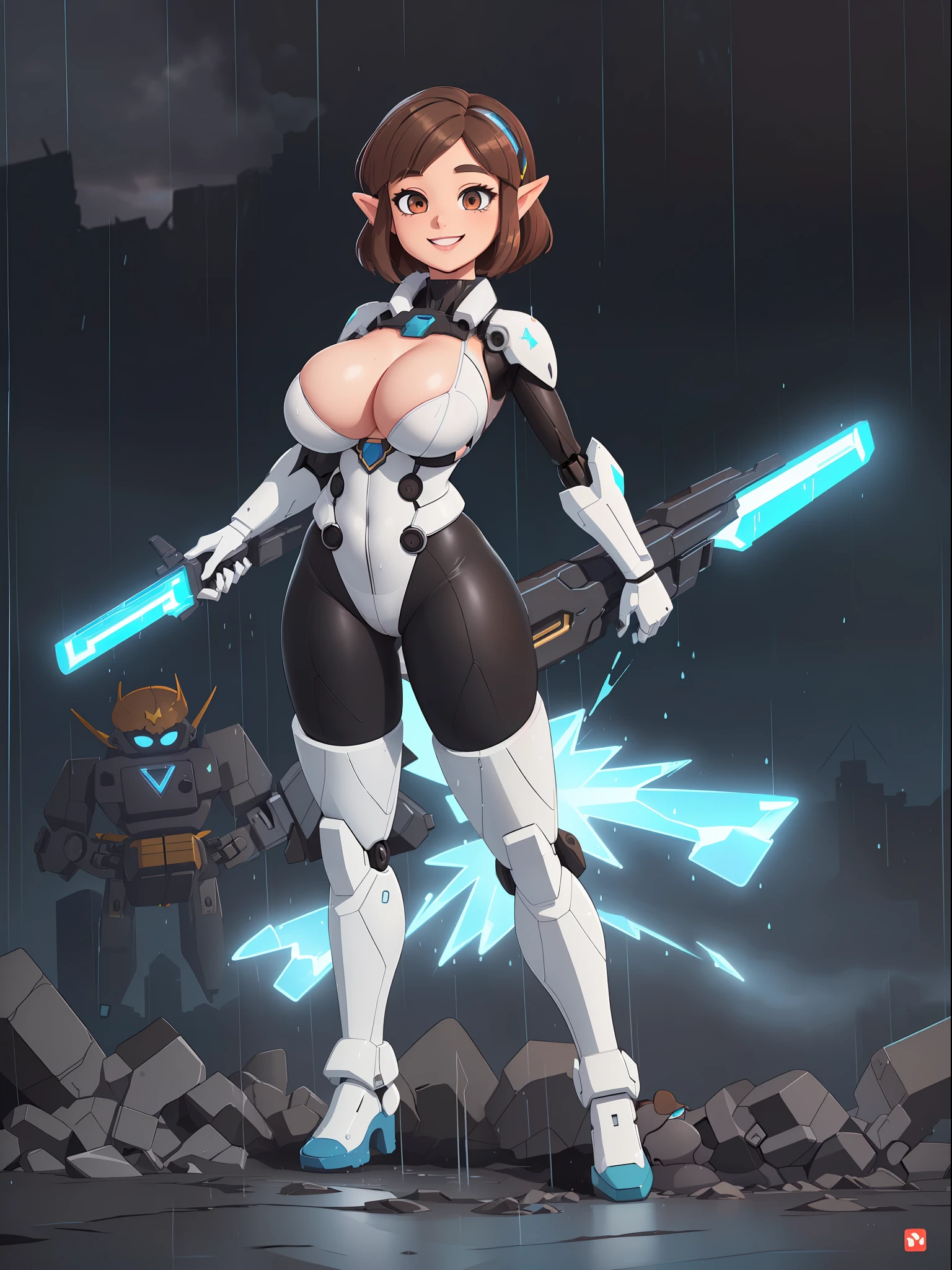 ((full body):1.5), {(Princess Zelda)}, {(((wearing black mecha costume with white parts extremely tight on her body)), ((extremely large breasts)), ((short brown hair, eyes blue)), is looking at the viewer, smiling, ((doing ?????? pose)) holding futuristic weapons), (background: destroyed city, ((raining heavily))))}