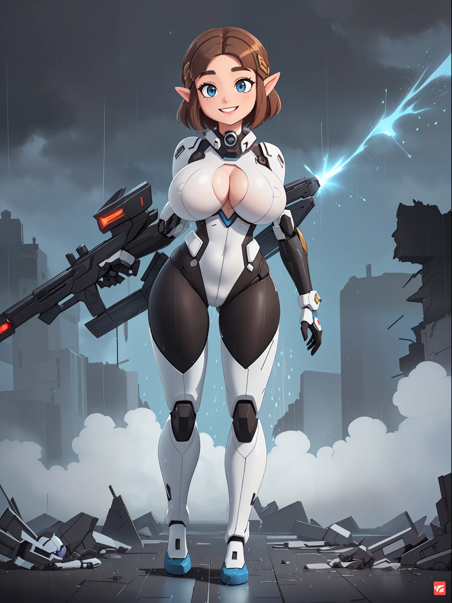 ((full body):1.5), {(Princess Zelda)}, {(((wearing black mecha costume with white parts extremely tight on her body)), ((extremely large breasts)), ((short brown hair, eyes blue)), is looking at the viewer, smiling, ((doing erotic pose)) holding futuristic weapons), (background: destroyed city, ((raining heavily))))}