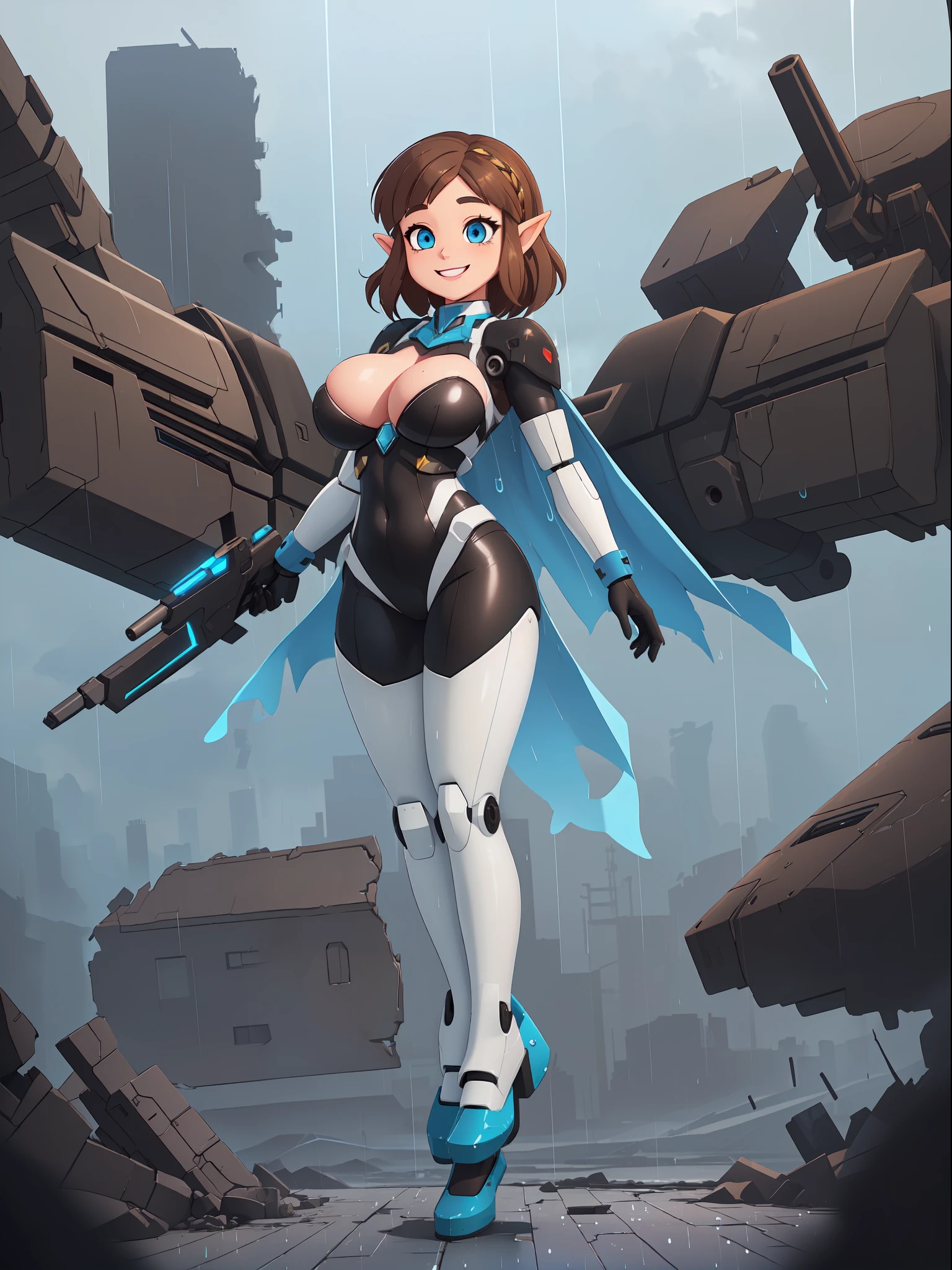 ((full body):1.5), {(Princess Zelda)}, {(((wearing black mecha costume with white parts extremely tight on her body)), ((extremely large breasts)), ((short brown hair, eyes blue)), is looking at the viewer, smiling, ((doing erotic pose)) holding futuristic weapons), (background: destroyed city, ((raining heavily))))}