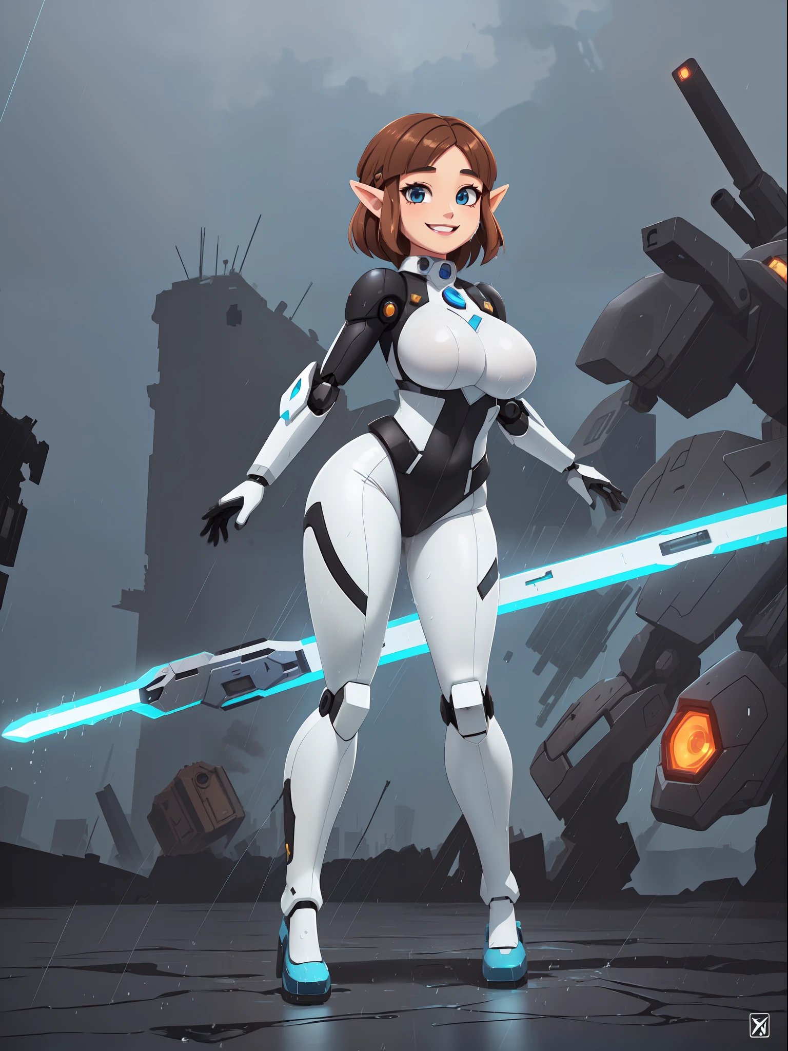 ((full body):1.5), {(Princess Zelda)}, {(((wearing black mecha costume with white parts extremely tight on her body)), ((extremely large breasts)), ((short brown hair, eyes blue)), is looking at the viewer, smiling, ((doing erotic pose)) holding futuristic weapons), (background: destroyed city, ((raining heavily))))}