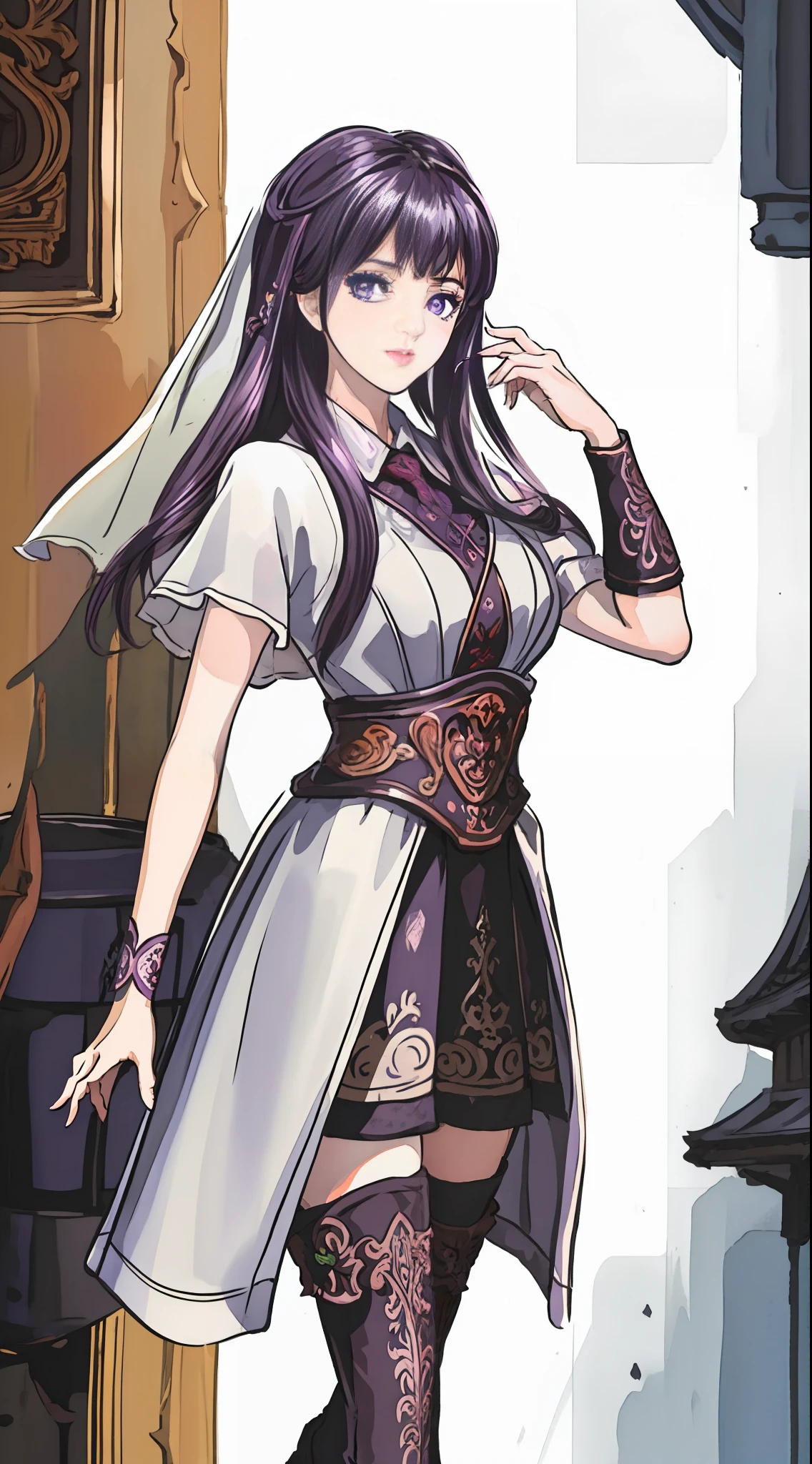 masterpiece, (best quality:1.4), (ultra highres:1.2),4K quality, (delicate illustration:1.4),(8k, RAW photo:1.2),1girl,veil, purple eyes,armor, dress, thighhighs, thigh boots,  cowboy shot,