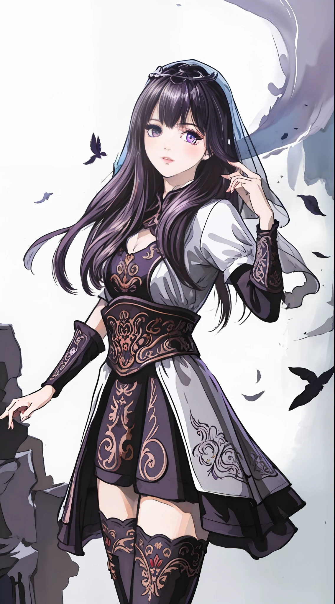 masterpiece, (best quality:1.4), (ultra highres:1.2),4K quality, (delicate illustration:1.4),(8k, RAW photo:1.2),1girl,veil, purple eyes,armor, dress, thighhighs, thigh boots,  cowboy shot,