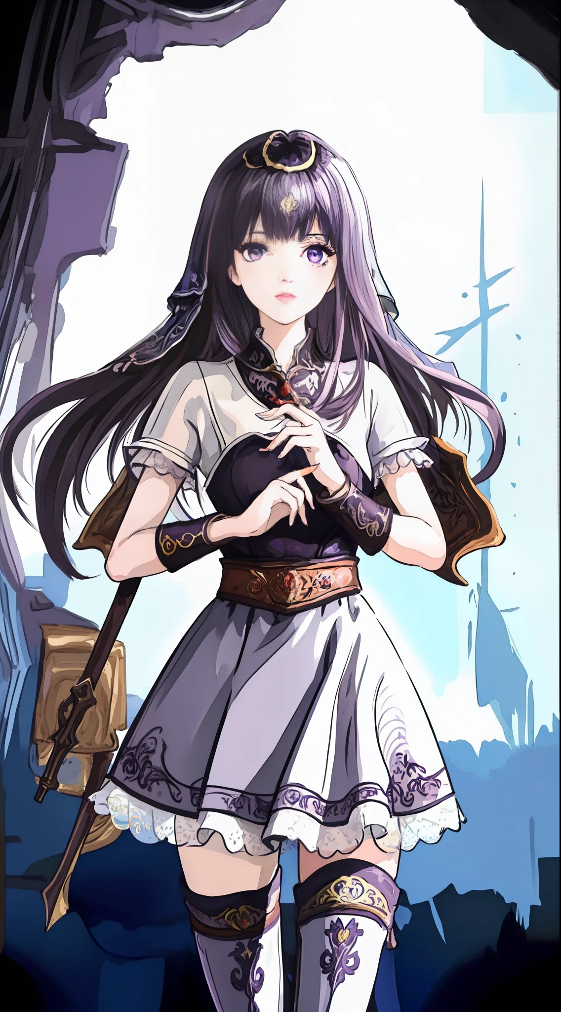 masterpiece, (best quality:1.4), (ultra highres:1.2),4K quality, (delicate illustration:1.4),(8k, RAW photo:1.2),1girl,veil, purple eyes,armor, dress, thighhighs, thigh boots,  cowboy shot,