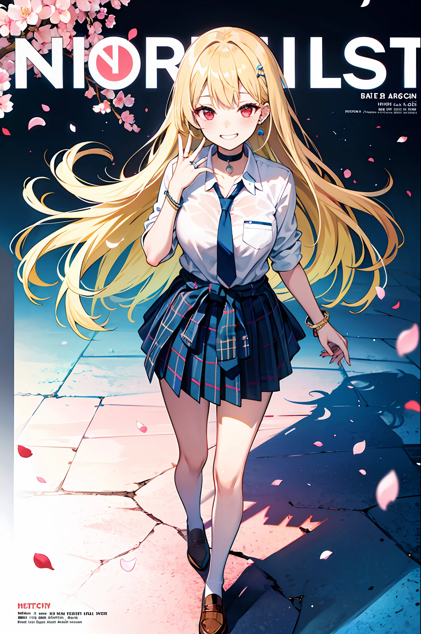 masterpiece, best quality, full body, 1girl, bangs, black choker, black necktie, blonde hair, blue skirt, blush, bracelet, breasts, choker, clothes around waist, collarbone, collared shirt, cowboy shot, dress shirt, ear piercing, eyebrows visible through hair, gradient hair, grin, gyaru, jewelry, kogal, long hair, looking at viewer, loose necktie, necktie, piercing, plaid, plaid skirt, pleated skirt, red eyes, ring, school uniform, shirt, skirt, smile, solo, white shirt, street, sky, cherry blossoms, petals,illustration, (magazine:1.3), (cover-style:1.3), fashionable, woman, vibrant, outfit, posing, front, colorful, dynamic, background, elements, confident, expression, holding, statement, accessory, majestic, coiled, around, touch, scene, text, cover, bold, attention-grabbing, title, stylish, font, catchy, headline, larger, striking, modern, trendy, focus, fashion,
