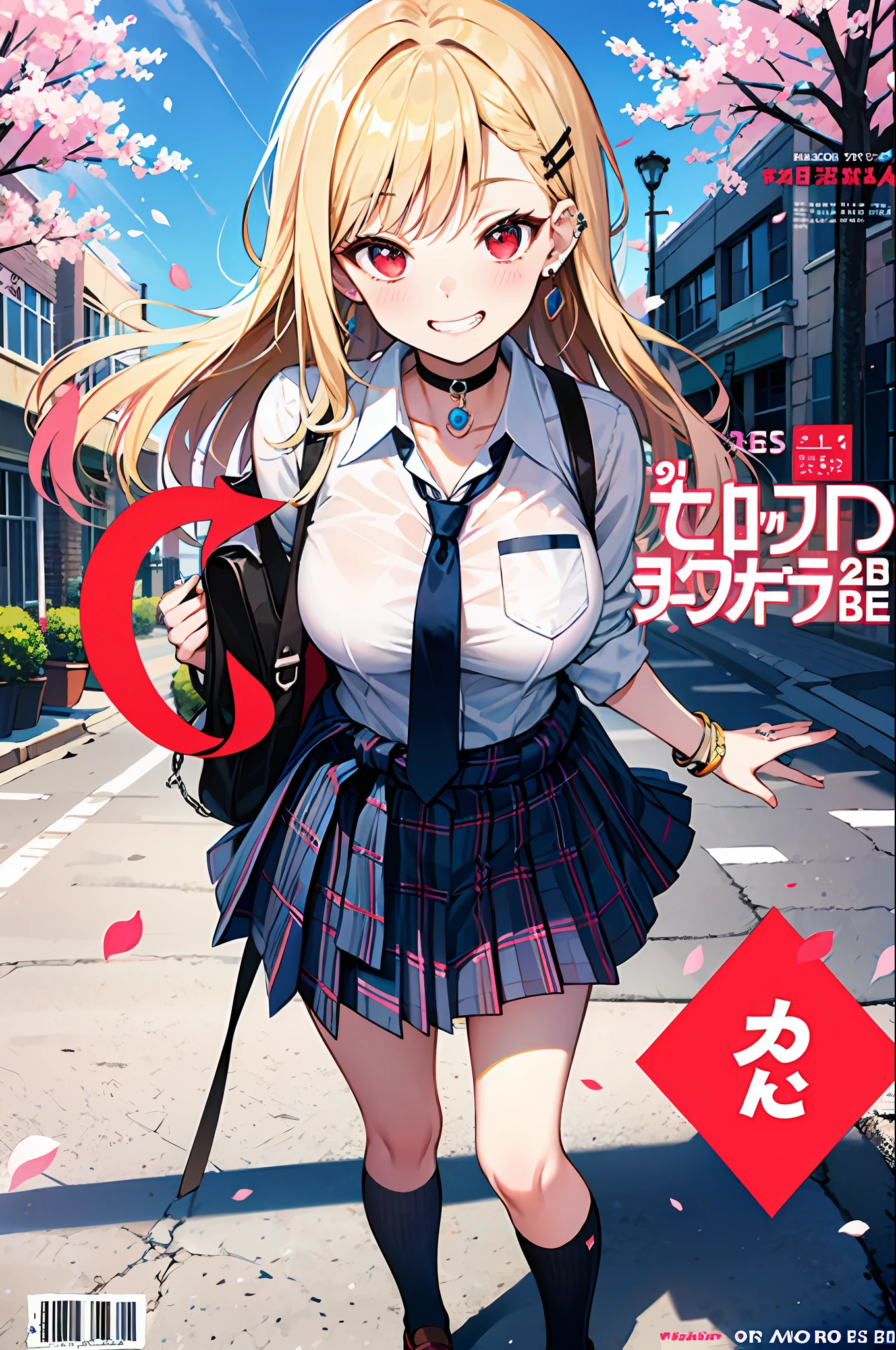 masterpiece, best quality, full body, 1girl, bangs, black choker, black necktie, blonde hair, blue skirt, blush, bracelet, breasts, choker, clothes around waist, collarbone, collared shirt, cowboy shot, dress shirt, ear piercing, eyebrows visible through hair, gradient hair, grin, gyaru, jewelry, kogal, long hair, looking at viewer, loose necktie, necktie, piercing, plaid, plaid skirt, pleated skirt, red eyes, ring, school uniform, shirt, skirt, smile, solo, white shirt, street, sky, cherry blossoms, petals,illustration, (magazine:1.3), (cover-style:1.3), fashionable, woman, vibrant, outfit, posing, front, colorful, dynamic, background, elements, confident, expression, holding, statement, accessory, majestic, coiled, around, touch, scene, text, cover, bold, attention-grabbing, title, stylish, font, catchy, headline, larger, striking, modern, trendy, focus, fashion,