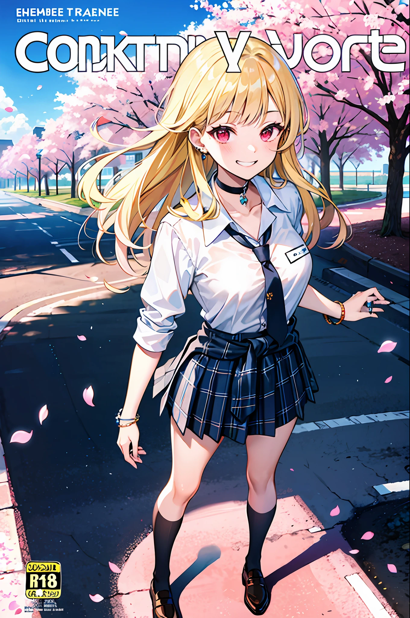 masterpiece, best quality, full body, 1girl, bangs, black choker, black necktie, blonde hair, blue skirt, blush, bracelet, breasts, choker, clothes around waist, collarbone, collared shirt, cowboy shot, dress shirt, ear piercing, eyebrows visible through hair, gradient hair, grin, gyaru, jewelry, kogal, long hair, looking at viewer, loose necktie, necktie, piercing, plaid, plaid skirt, pleated skirt, red eyes, ring, school uniform, shirt, skirt, smile, solo, white shirt, street, sky, cherry blossoms, petals,illustration, (magazine:1.3), (cover-style:1.3), fashionable, woman, vibrant, outfit, posing, front, colorful, dynamic, background, elements, confident, expression, holding, statement, accessory, majestic, coiled, around, touch, scene, text, cover, bold, attention-grabbing, title, stylish, font, catchy, headline, larger, striking, modern, trendy, focus, fashion,