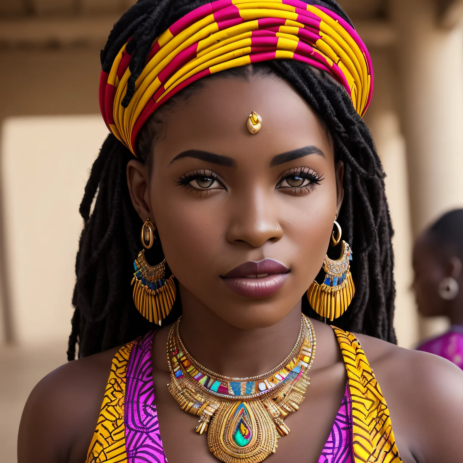a close up of a woman with a necklace and earrings, intricate african jewellery, stunning african princess, african woman, african queen, african, black african princess, african princess, dark skin female goddess of love, gorgeous woman, vibrant hues, black young woman, colorful adornments, photo of a black woman, inspired by Ras Akyem, african arts --auto