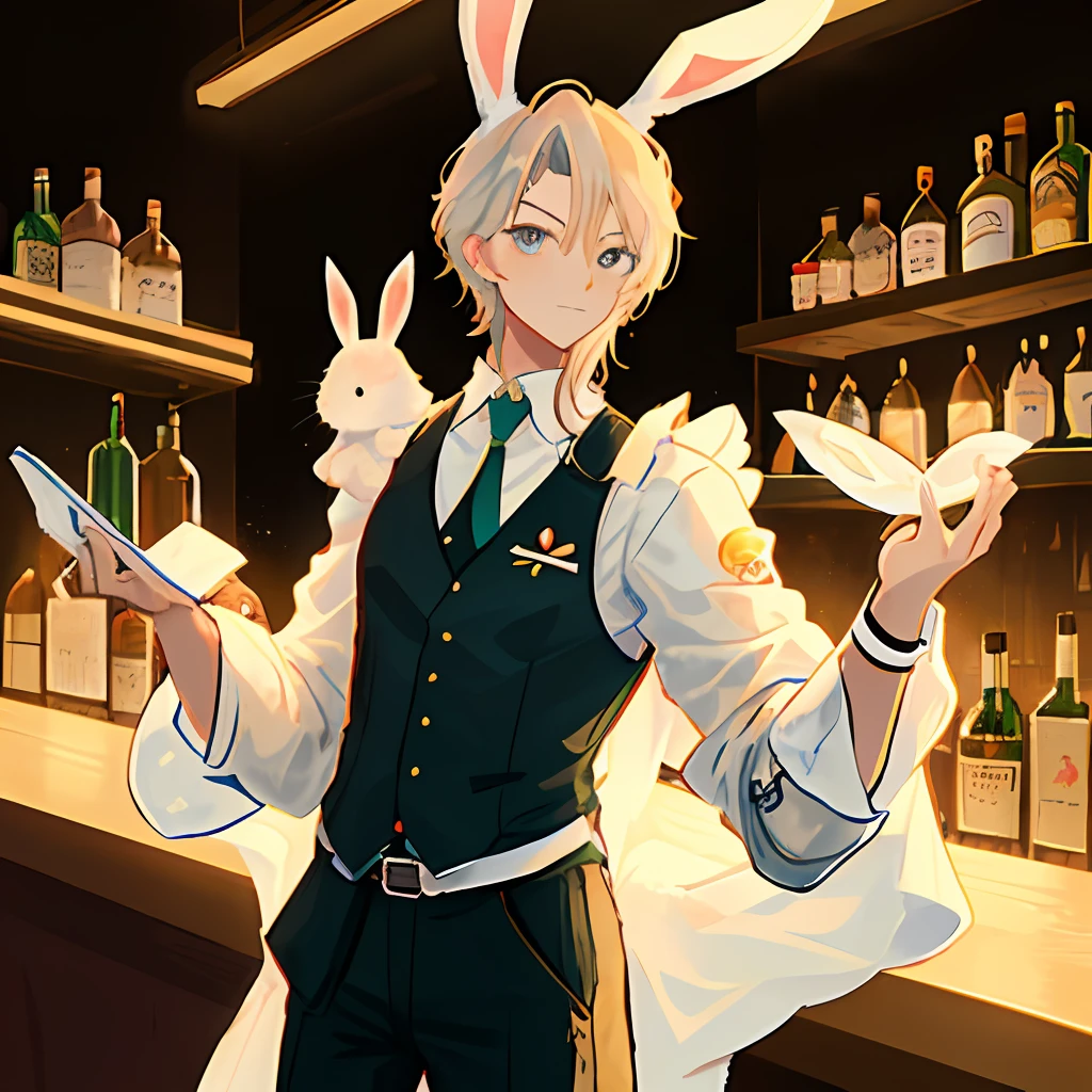 a cartoon picture of a man with bunny ears, bengus, errolson hugh, visual novel sprite, bara, bartending, wearing a vest and a tie, cute anthropomorphic bunny, bar, from the azur lane videogame, bunny suit, white waist apron and undershirt, anime handsome man, furry anime, speakeasy bar background