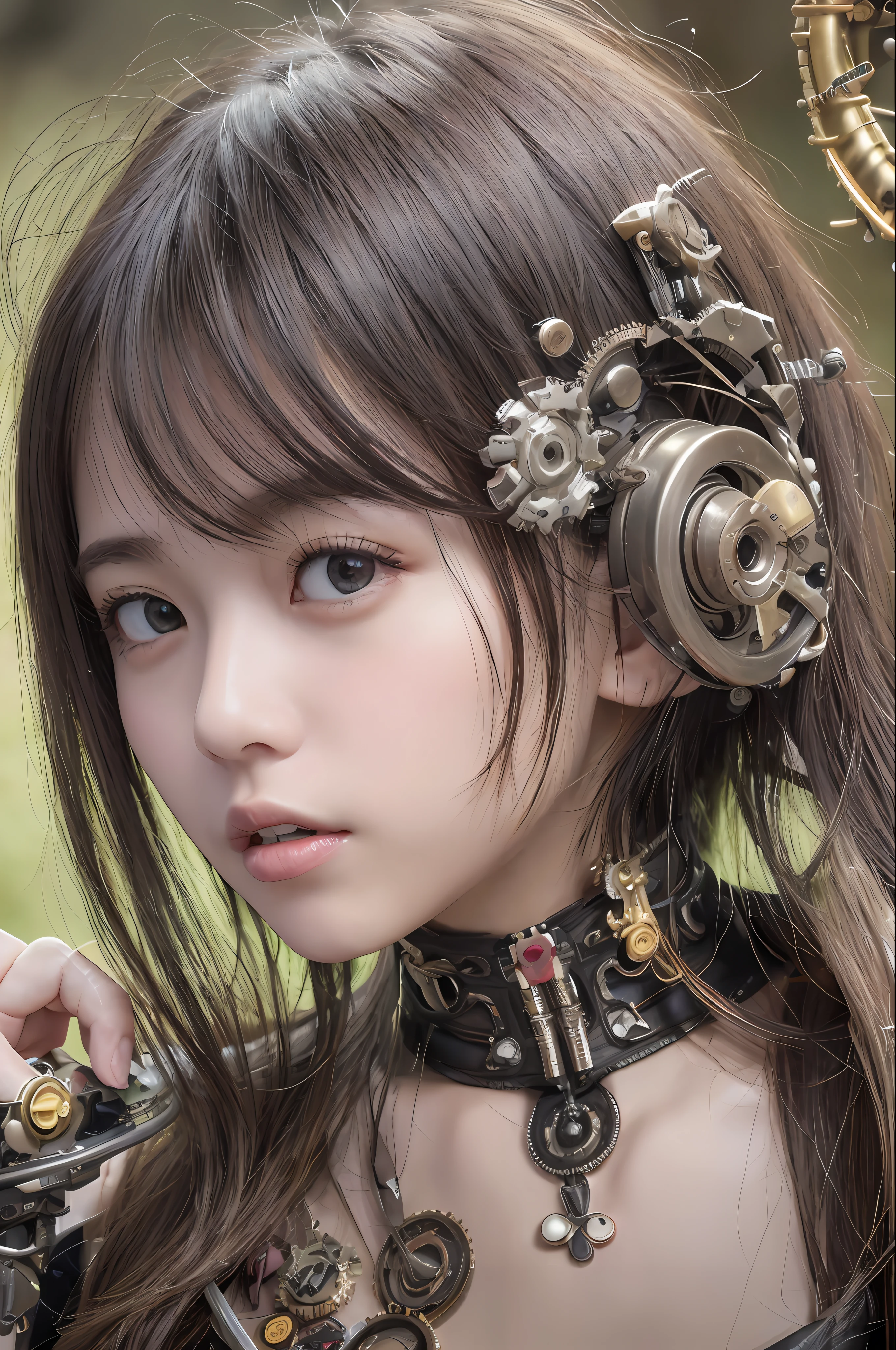 最好质量、巨作、ultra-high-resolution、(photoreallistic:1.4)、Raw photo、女の子1人、Black hair、glowy skin、1 Mechanical Girl、((hyper realistic detail))、portlate、Global Illumination、Shadow、octane rend、8K、ultrasharp、big tit、Raw skin is exposed in cleavage、metals、Details of complex ornaments、Steampunk details、Analog Meter、cog、gear、Golden hydraulic cylinder、hyper intricate details、Realistic light、CGSoation Trends、purple colored eyes、eyes glowing、Facing the camera、neon details、Mechanical limbs、blood vessels connected to tubes、Mechanical vertebrae attached to the back、mechanical cervical attaching to neck、sitting on、Wires and cables connecting to the head、vacuum tubes、cog、meter、Gundam、Small LED lamp、The background is a steampunk city、